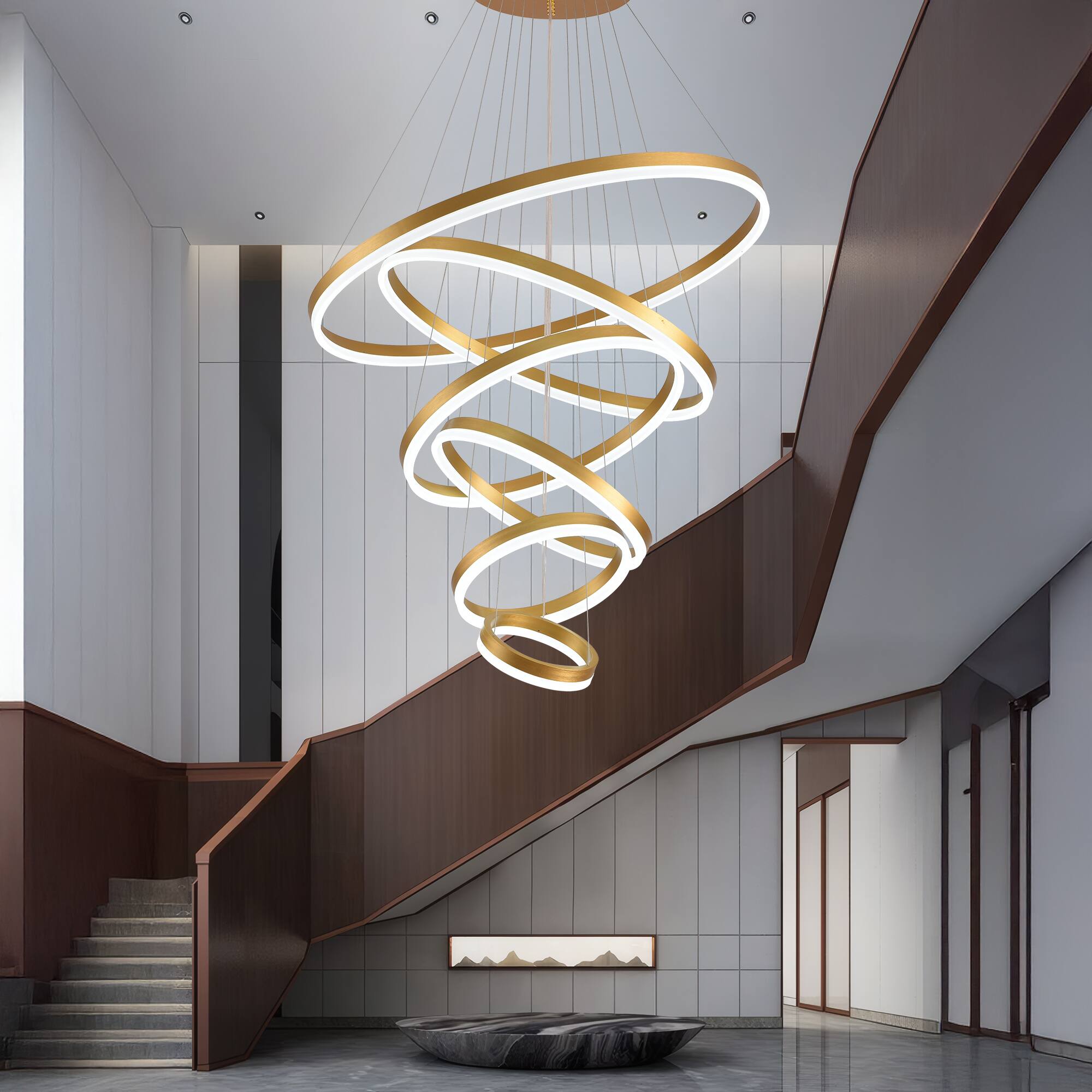Angle. RYHNUYNE - Modern 6-Ring LED Chandelier for High Ceilings Large Adjustable Pendant Light with Remote Control Dimmable - Gold.
