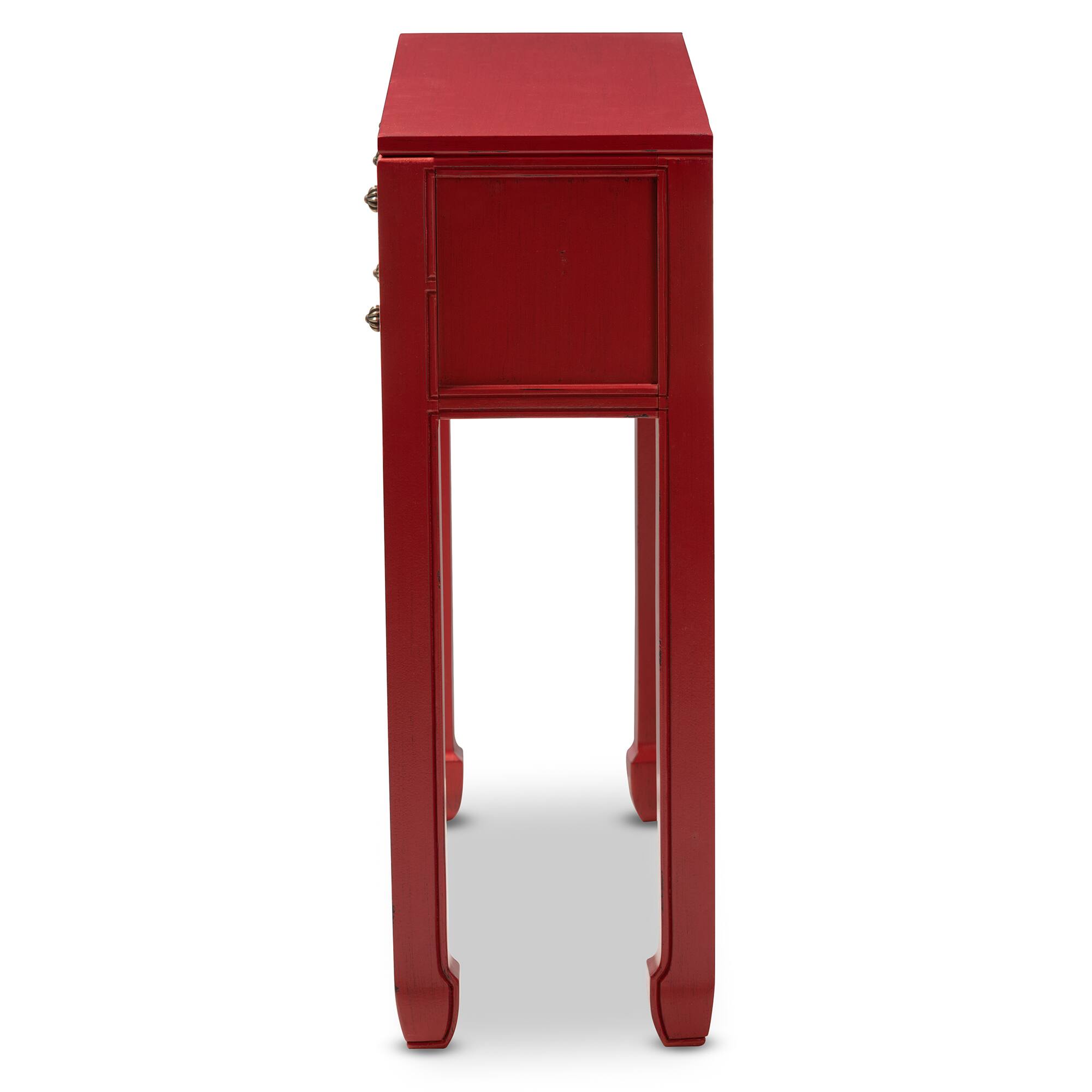Back. Baxton Studio - Pomme Classic and Antique Finished Wood Bronze Finished Accents 6-Drawer Console Table - Red.