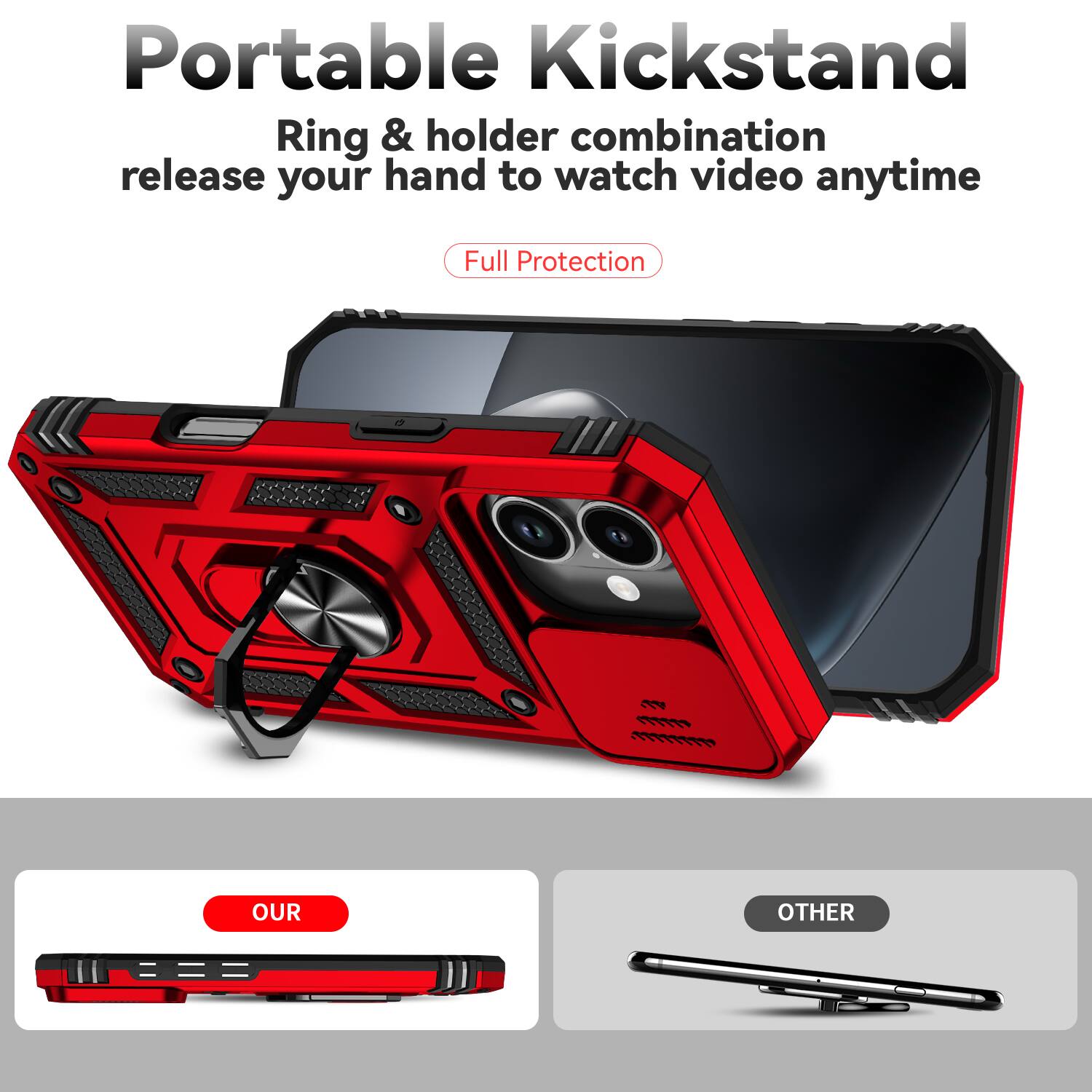 Portable Kickstand  
Ring & holder combination release your hand to watch video anytime  
Full Protection  

OUR  
OTHER