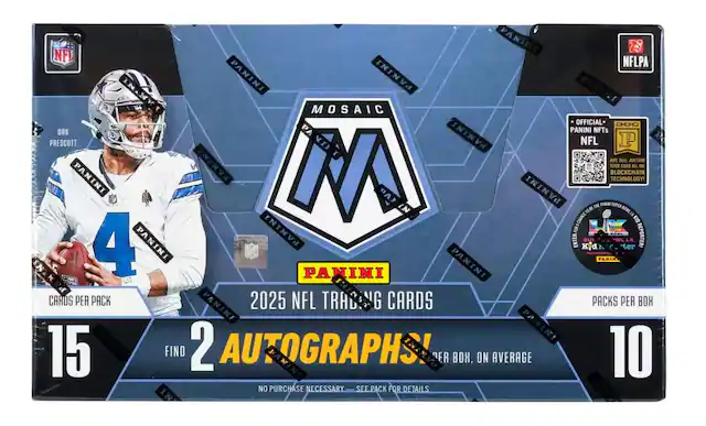 Sure, here is the corrected and grouped text from the image:
---
**PANINI**
**2025 NFL TRADING CARDS**
**CARDS PER PACK**
15
**PACKS PER BOX**
10
**FIND 2 AUTOGRAPHS!**
ON AVERAGE
**DARK PRESCOTT**
**MOSAIC**
**OFFICIAL PANINI NFTs**
**BUY, SELL, AUCTION YOUR CARD ON BLOCKCHAIN TECHNOLOGY!**
**NO PURCHASE NECESSARY**
SEE PACK FOR DETAILS
**NFL**
**NFLPA**
**PANINI**
**PANINI**
**PANINI**
**PANINI**
**PANINI**
**PANINI**
**PANINI**
**PANINI**
**PANINI**
**PANINI**
**PANINI**
**PANINI**
**PANINI**
**PANINI**
**PANINI**
**PANINI**
**PANINI**
**PANINI**
**PANINI**
**PANINI**
**PANINI**