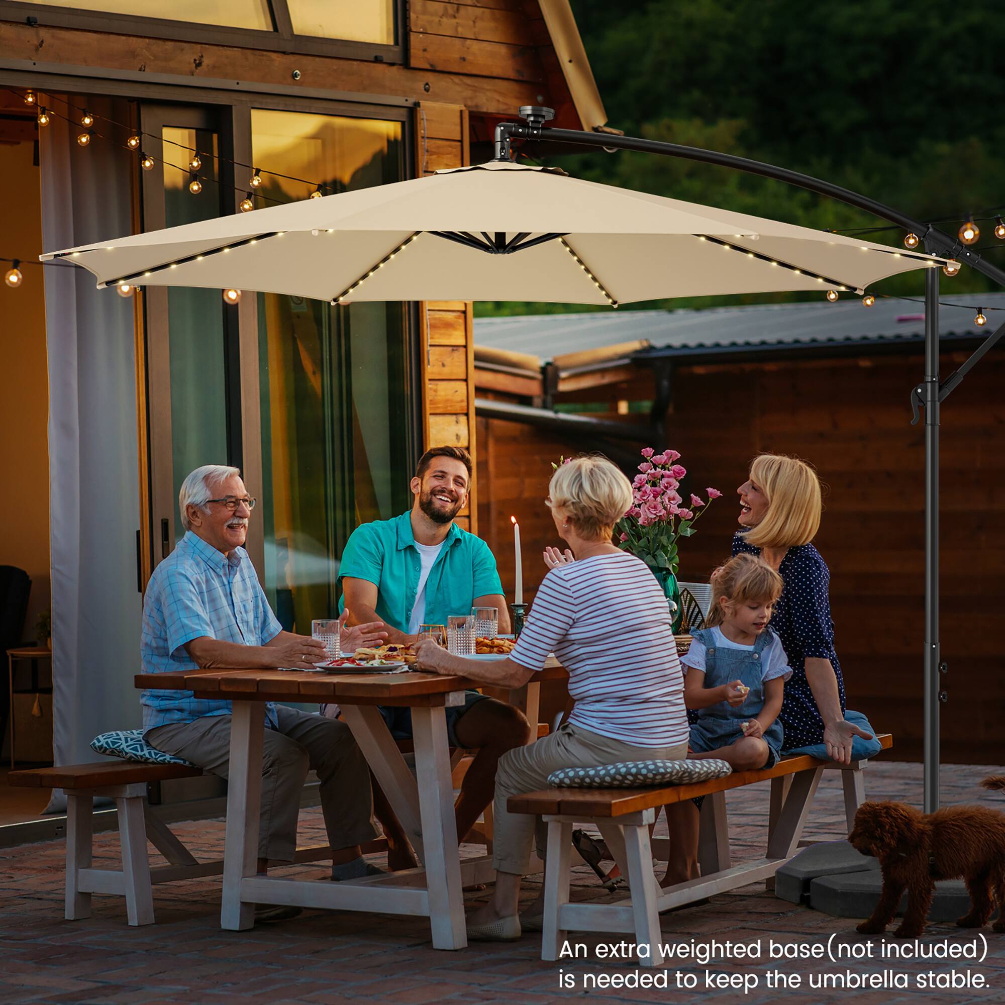 An extra weighted base (not included) is needed to keep the umbrella stable.