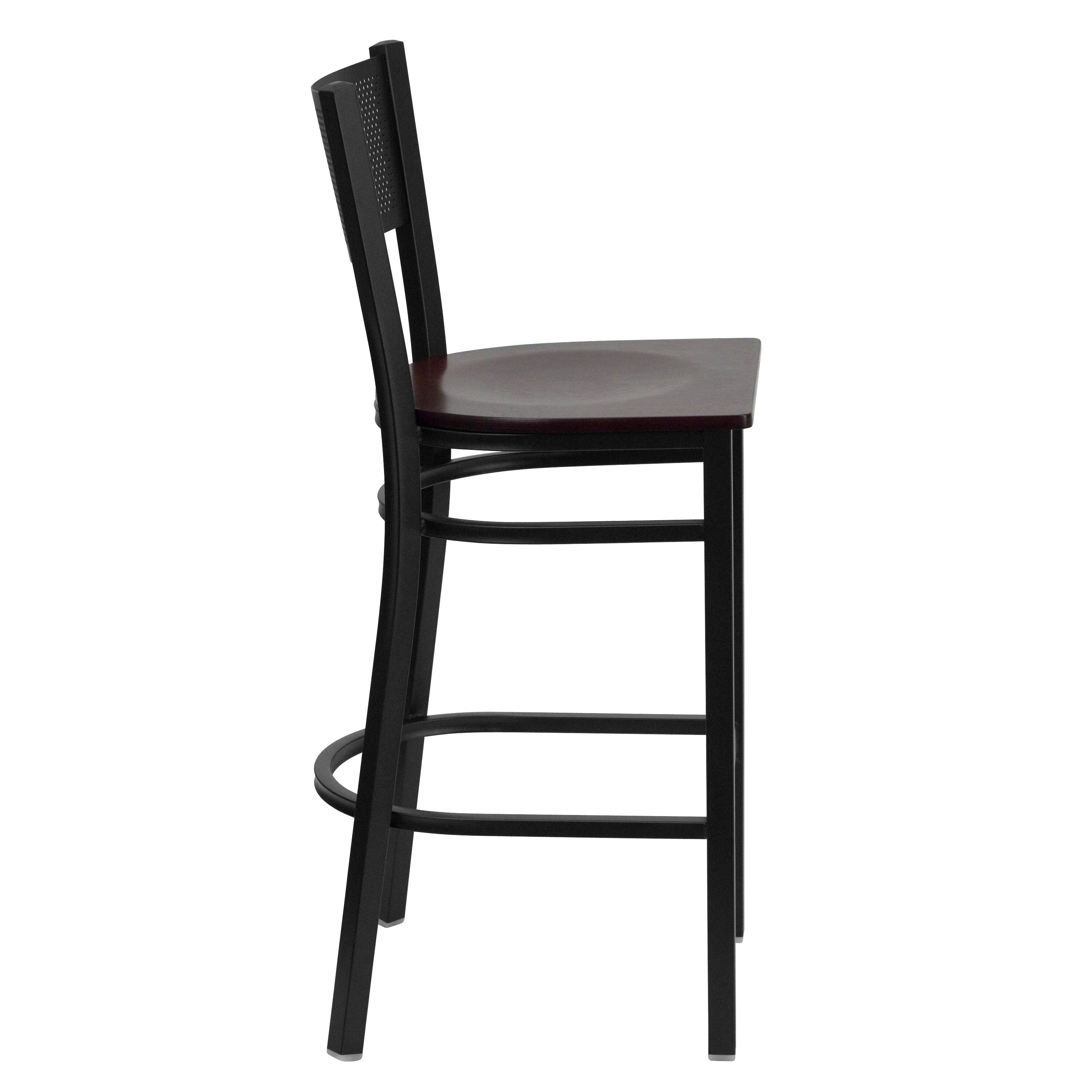 Alt View 4. Emma + Oliver - Grid Back Metal Restaurant Dining Barstool - Mahogany Wood Seat/Black Metal Frame.