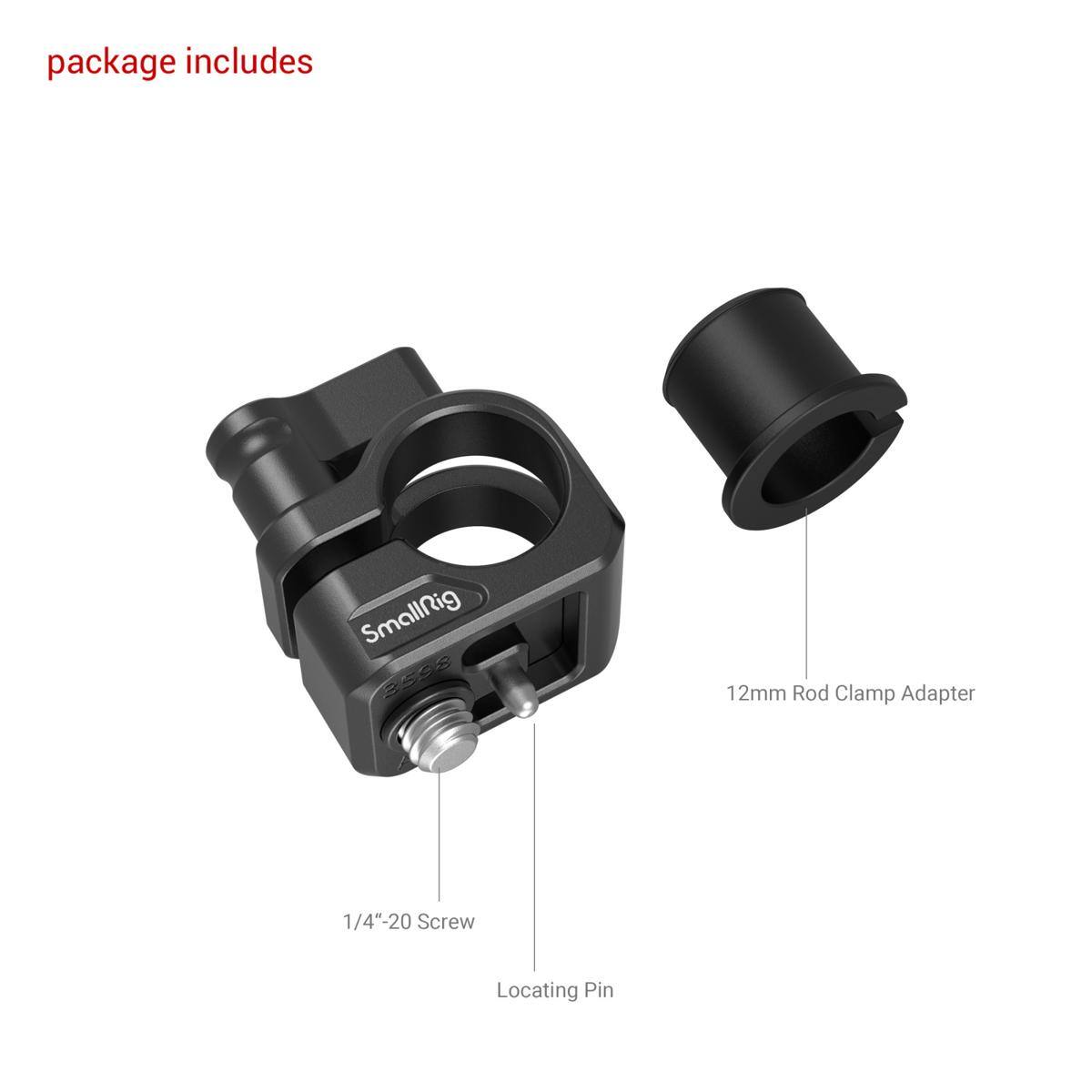 package includes SmallRig 2598 12mm Rod Clamp Adapter 1/4"-20 Screw Locating Pin