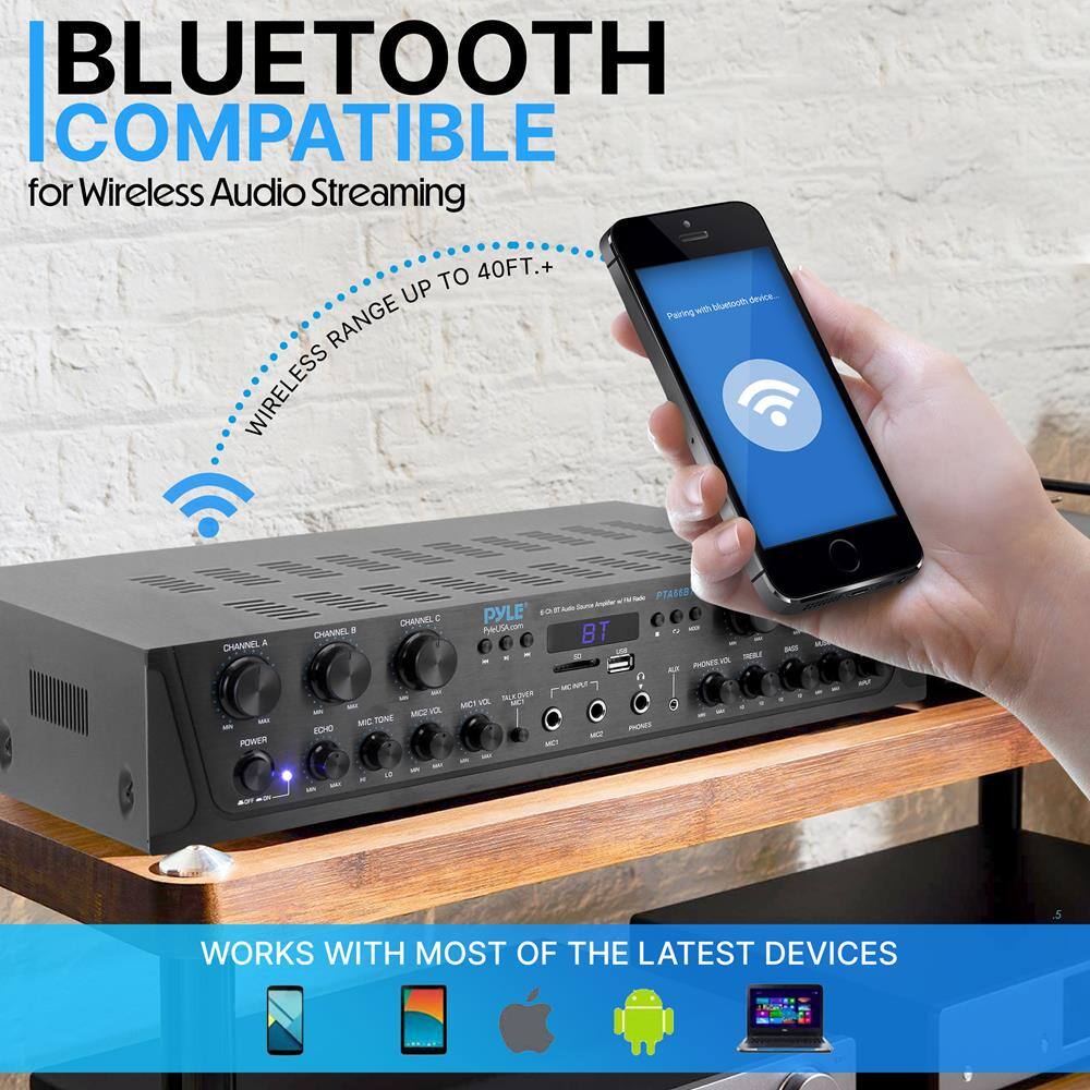 **BLUETOOTH COMPATIBLE**  
for Wireless Audio Streaming  

WIRELESS RANGE UP TO 40FT.+  

WORKS WITH MOST OF THE LATEST DEVICES