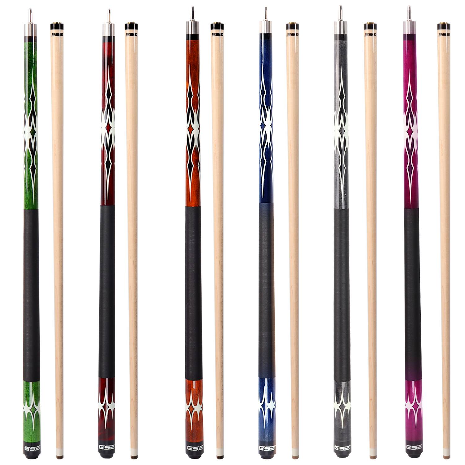 GSE Games & Sports Expert - Set of 6 Canadian Maple Hardwood Billiard Pool Cue Stick for Men/Women - 18/19/20/21oz Each - Red,Green,Blue,Brown,Purple,Grey