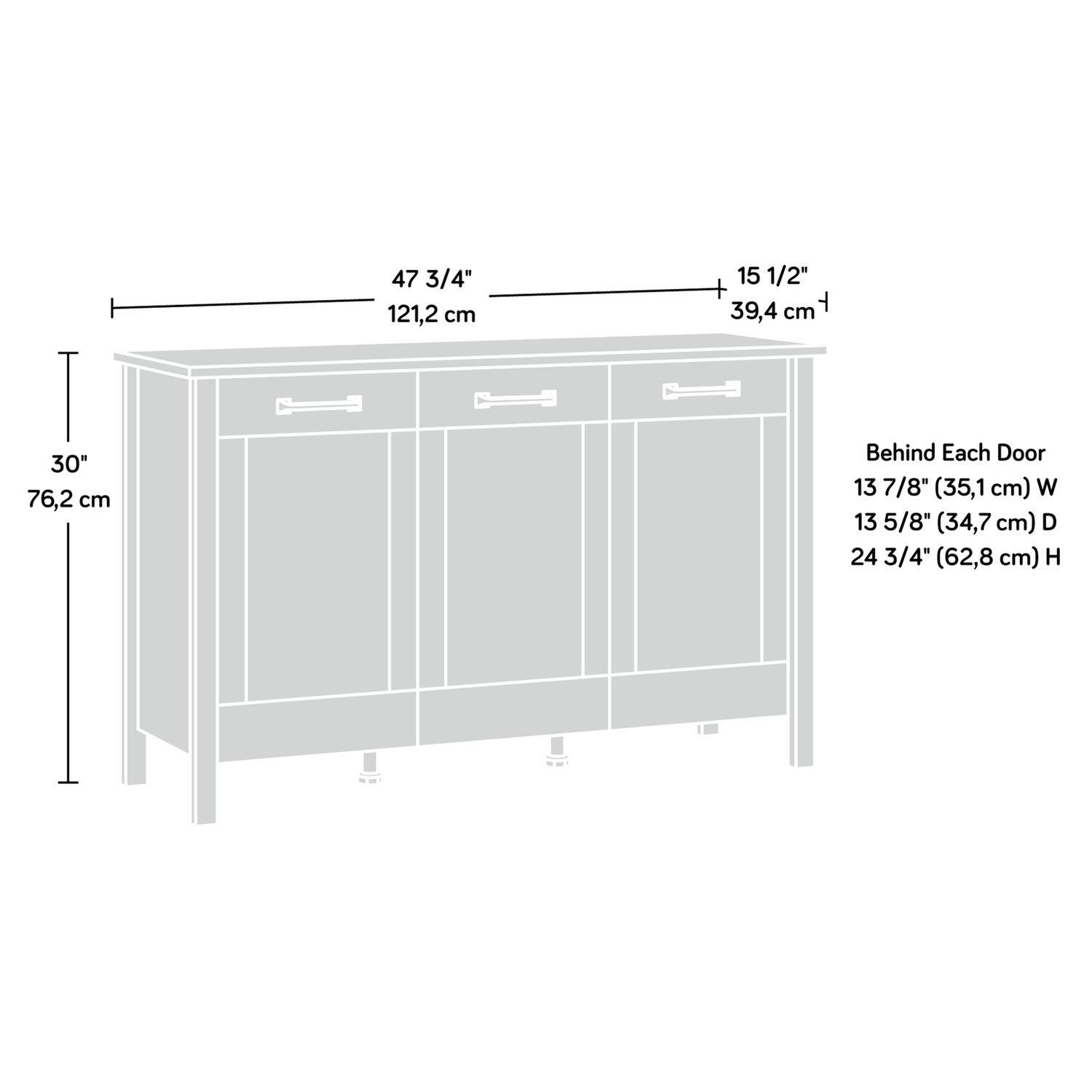 47 3/4" (121,2 cm)  
15 1/2" (39,4 cm)  
30" (76,2 cm)  

Behind Each Door  
13 7/8" (35,1 cm) W  
13 5/8" (34,7 cm) D  
24 3/4" (62,8 cm) H