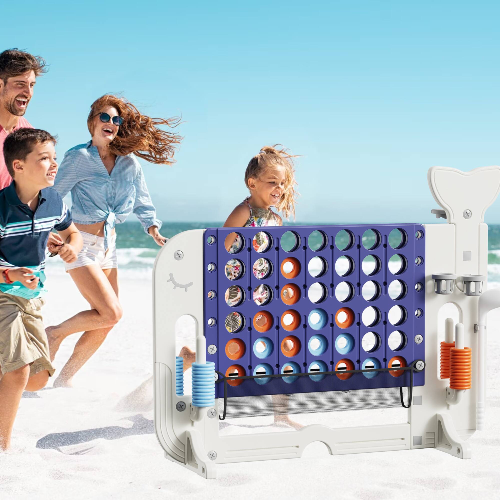 Front. ELEMENT ACE - 4-in-1 Adjustable Height Family Game Set with Basketball, Ring Toss, Golf,  Connect Four for Indoor and Outdoor - White+Purple.