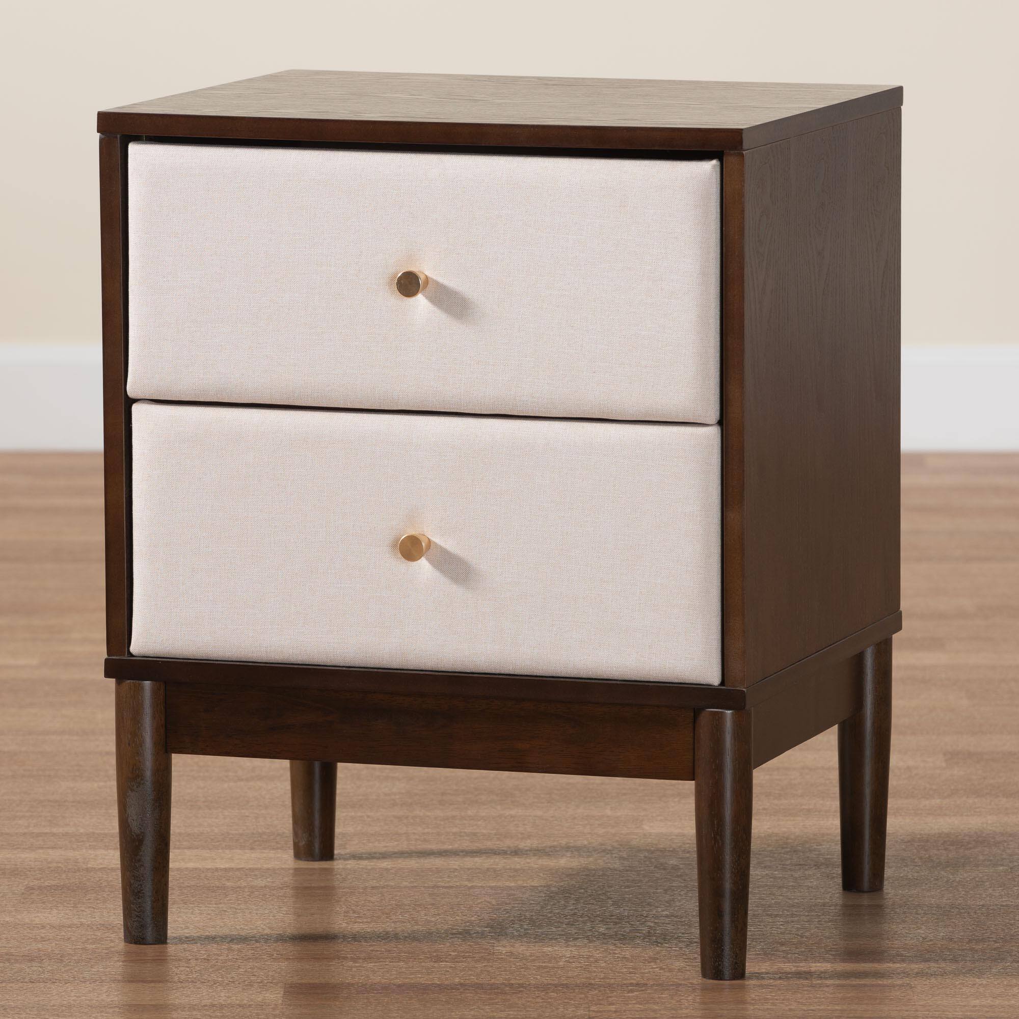 Alt View 5. Baxton Studio - Nikolai Mid-Century Fabric and Wenge Brown Wood 2-Drawer Nightstand - Beige/Wenge Brown.