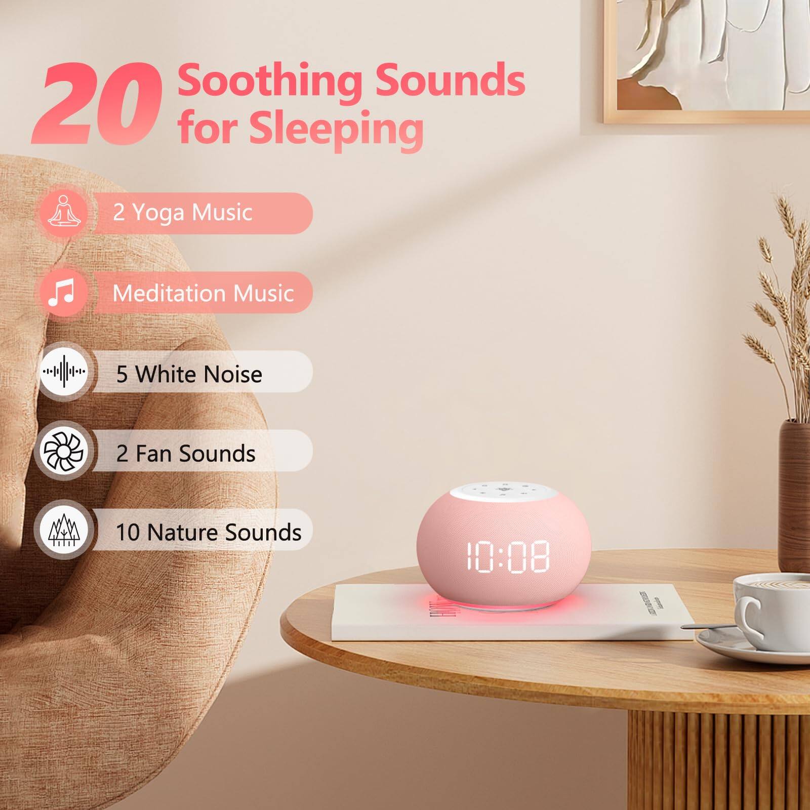 20 Soothing Sounds for Sleeping

- 2 Yoga Music
- Meditation Music
- 5 White Noise
- 2 Fan Sounds
- 10 Nature Sounds

10:08