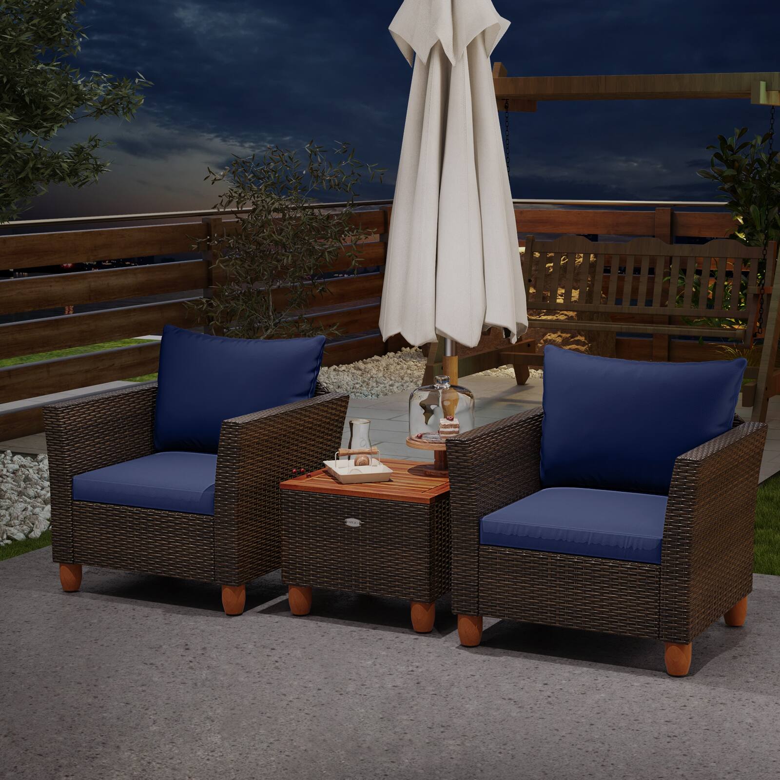 Alt View 3. Gymax - Gymax 3 PCS Patio PE Wicker Furniture Set Outdoor Conversation Bistro Set w/ Cushions Navy - Navy.