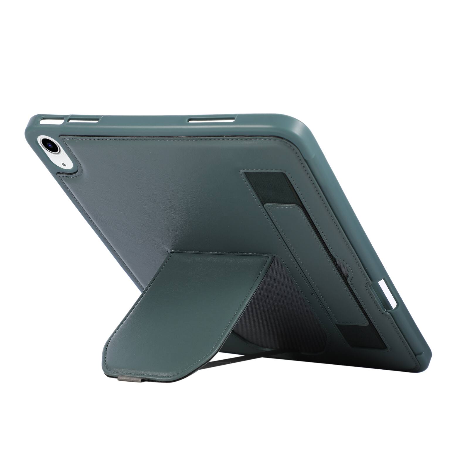 Angle. Dteck - Shockproof Case for Apple iPad (A16) 11" 2025 with Hand Strap and Foldable Kickstand, PU Leather TPU Protective Cover - Darkgreen.