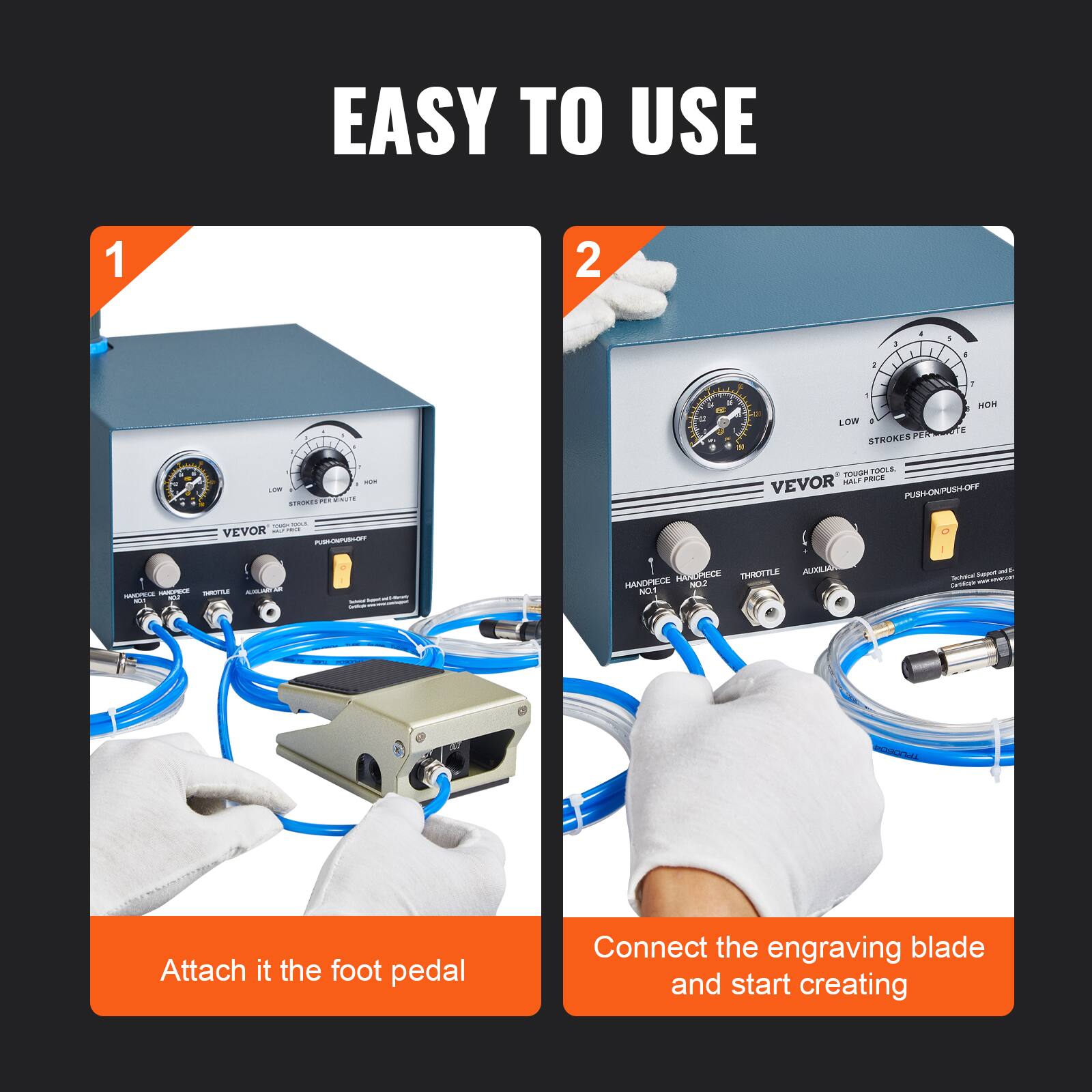 EASY TO USE

1. Attach it to the foot pedal

2. Connect the engraving blade and start creating