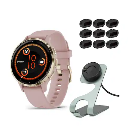 Front. Garmin - Garmin Venu 3S Smartwatch (Soft Gold/Dust Rose) with Stand and Port Plugs - Pink.