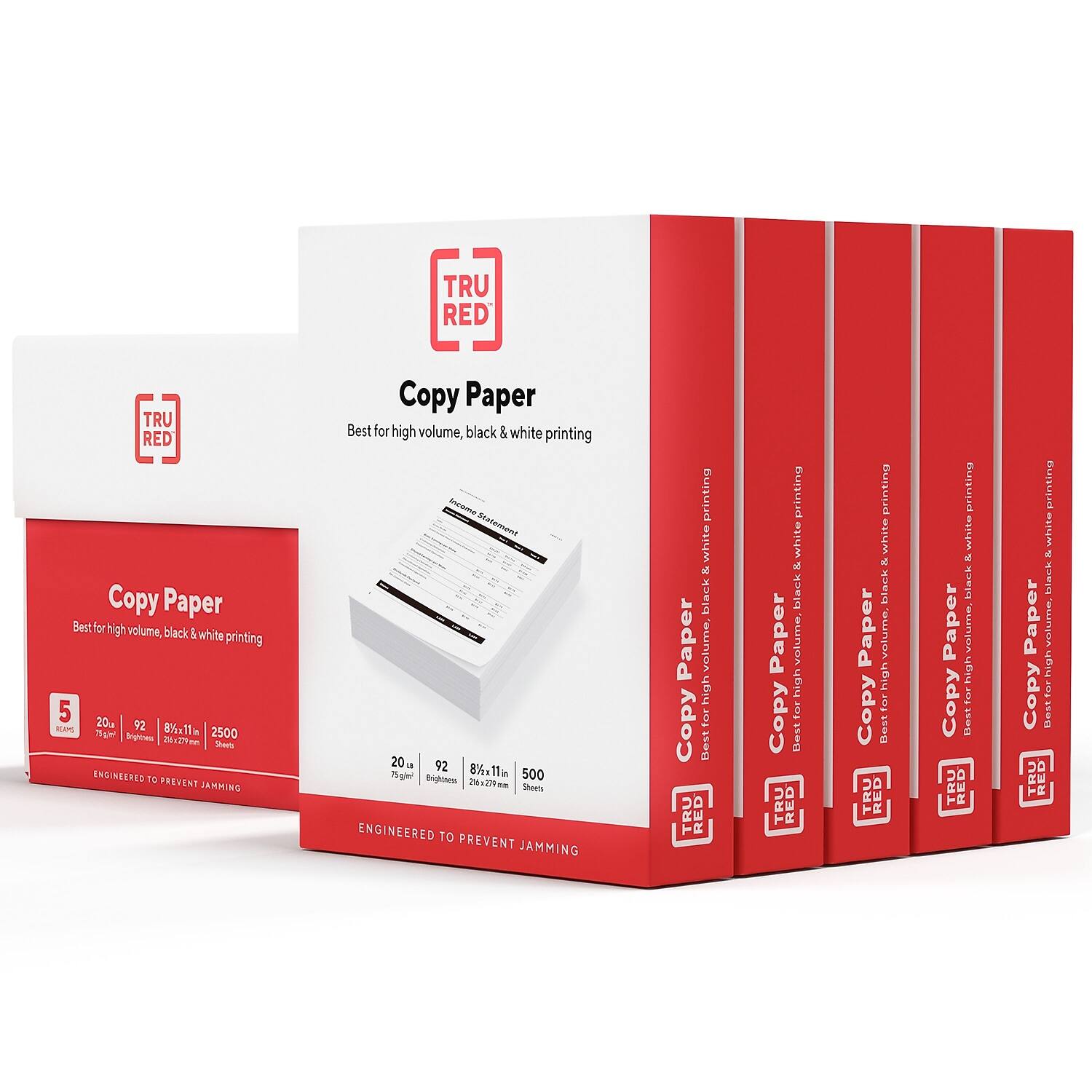 TRU RED Copy Paper
Best for high volume, black & white printing
5 Reams
20 lb
92 Brightness
8.5 x 11 in
2500 Sheets
ENGINEERED TO PREVENT JAMMING
20 lb
92 Brightness
8.5 x 11 in
500 Sheets
ENGINEERED TO PREVENT JAMMING