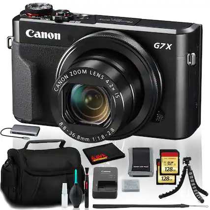 Canon G7X
Canon Zoom Lens 4.2x IS 8.8 - 36.8mm 1:1.8-2.8
Canon ME L - I
Electronics Ave
128GB SD Card
Memory Card Wallet
Canon Lens Cap
Cleaning Kit
Tripod