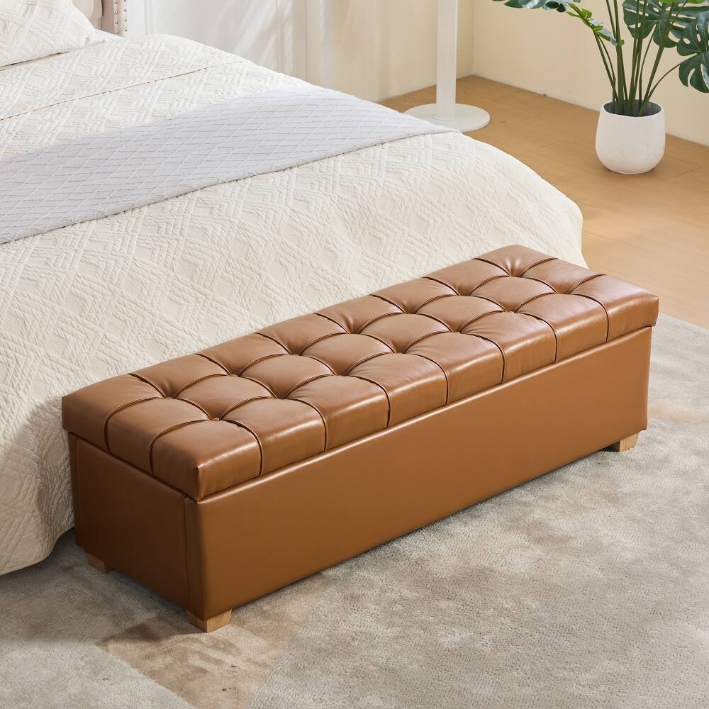 Angle. Ropilly - Ropilly Tufted PU Leather Storage Bench Burnt Brown End of Bed Ottoman with Flip Top - Burnt Brown.
