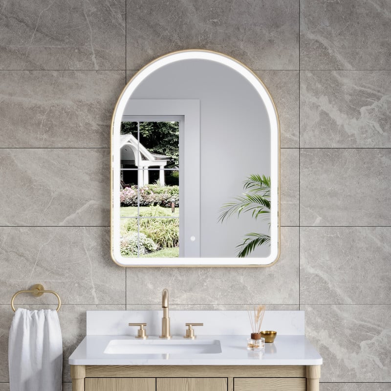 "WELLFOR - 28"" x 36"" Arched Framed Bathroom Mirror with LED Light ,Defogger & Memory Function, Wall Mounted Vanity Mirror - Brushed Gold" price history on PriceWatchPro