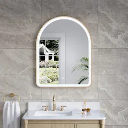 WELLFOR - 28" x 36" Arched Framed Bathroom Mirror with LED Light ,Defogger & Memory Function, Wall Mounted Vanity Mirror - Brushed Gold