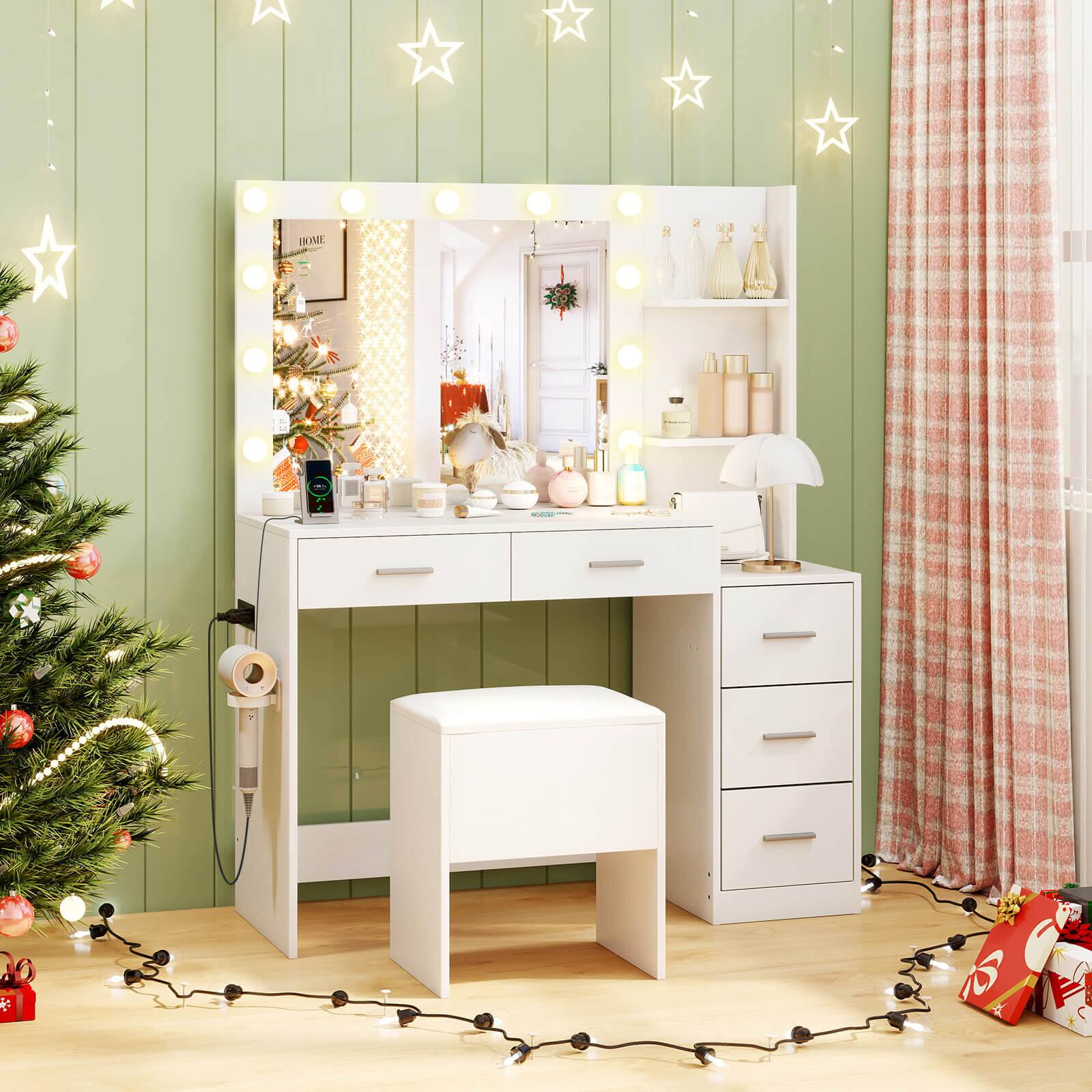 Alt View 5. Costway - Costway 43.5" Makeup Table Set Vanity Desk with Storage Stool Power Outlets 2 Open Shelves - White.