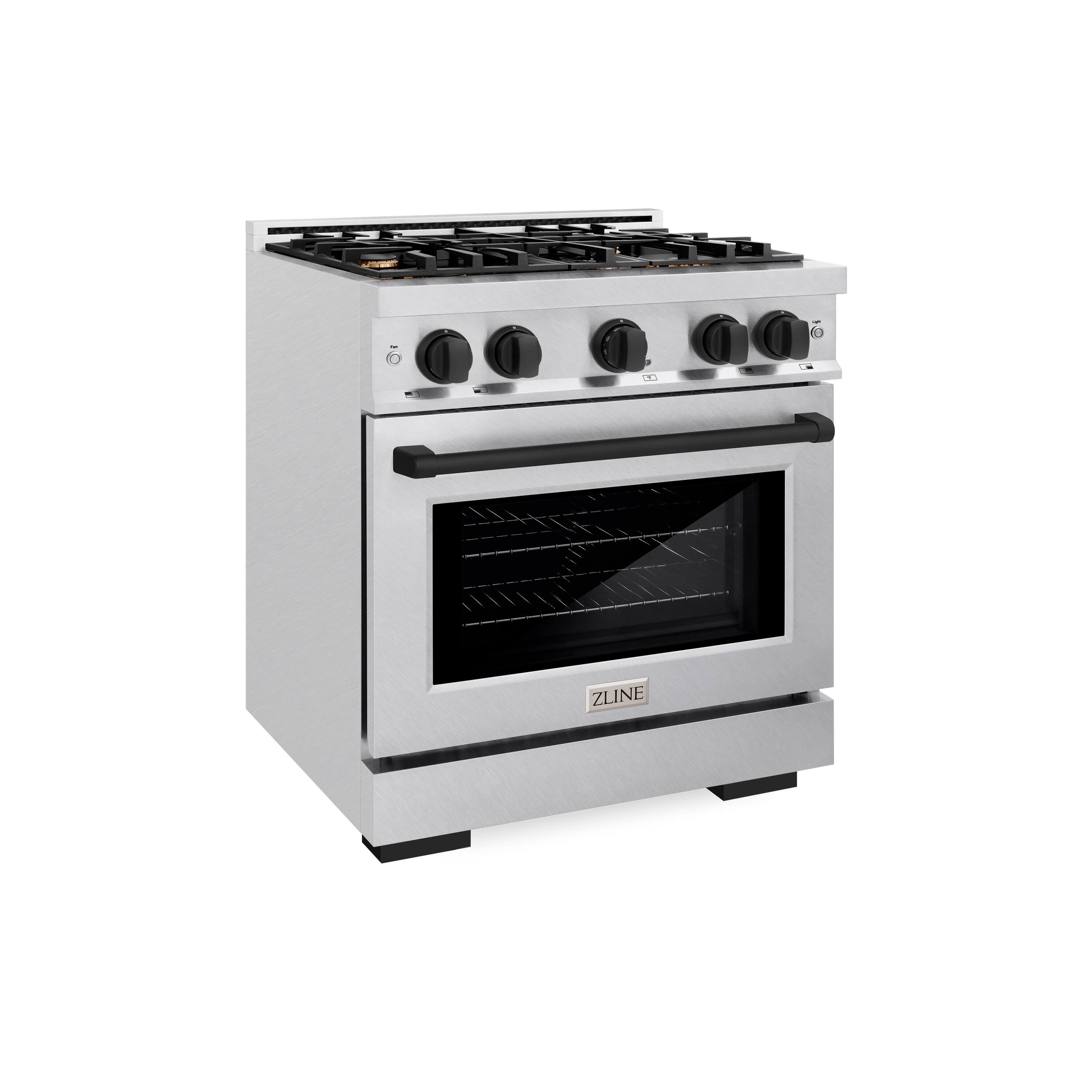 Angle. ZLINE - ZLINE Autograph 30 in. Freestanding Select Satin Steel Gas Range w/ 4 Burners & Black Accents - Satin Stainless Steel.