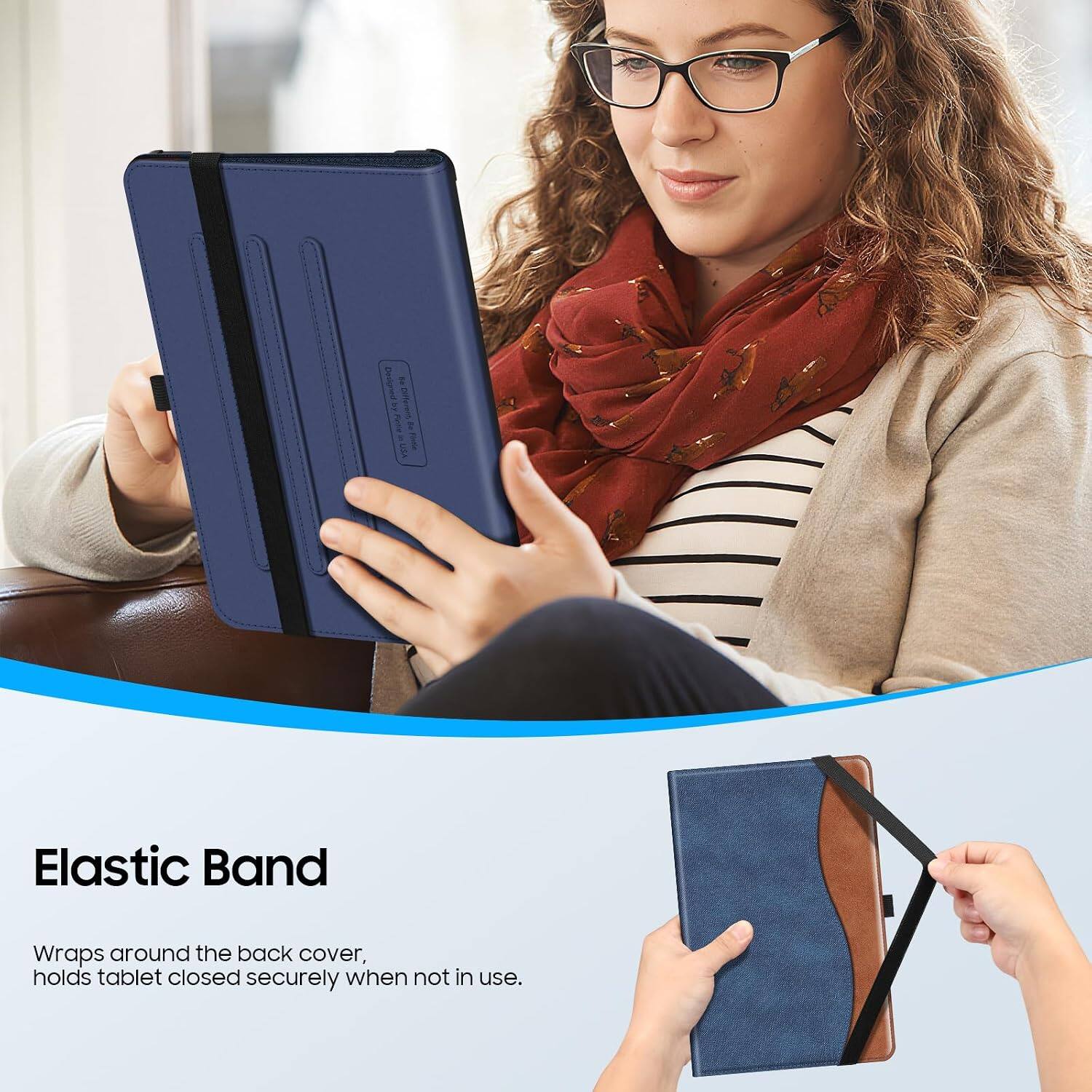 Do Ke NOPER by Fintle Be Firstle

Elastic Band

Wraps around the back cover, holds tablet closed securely when not in use.
