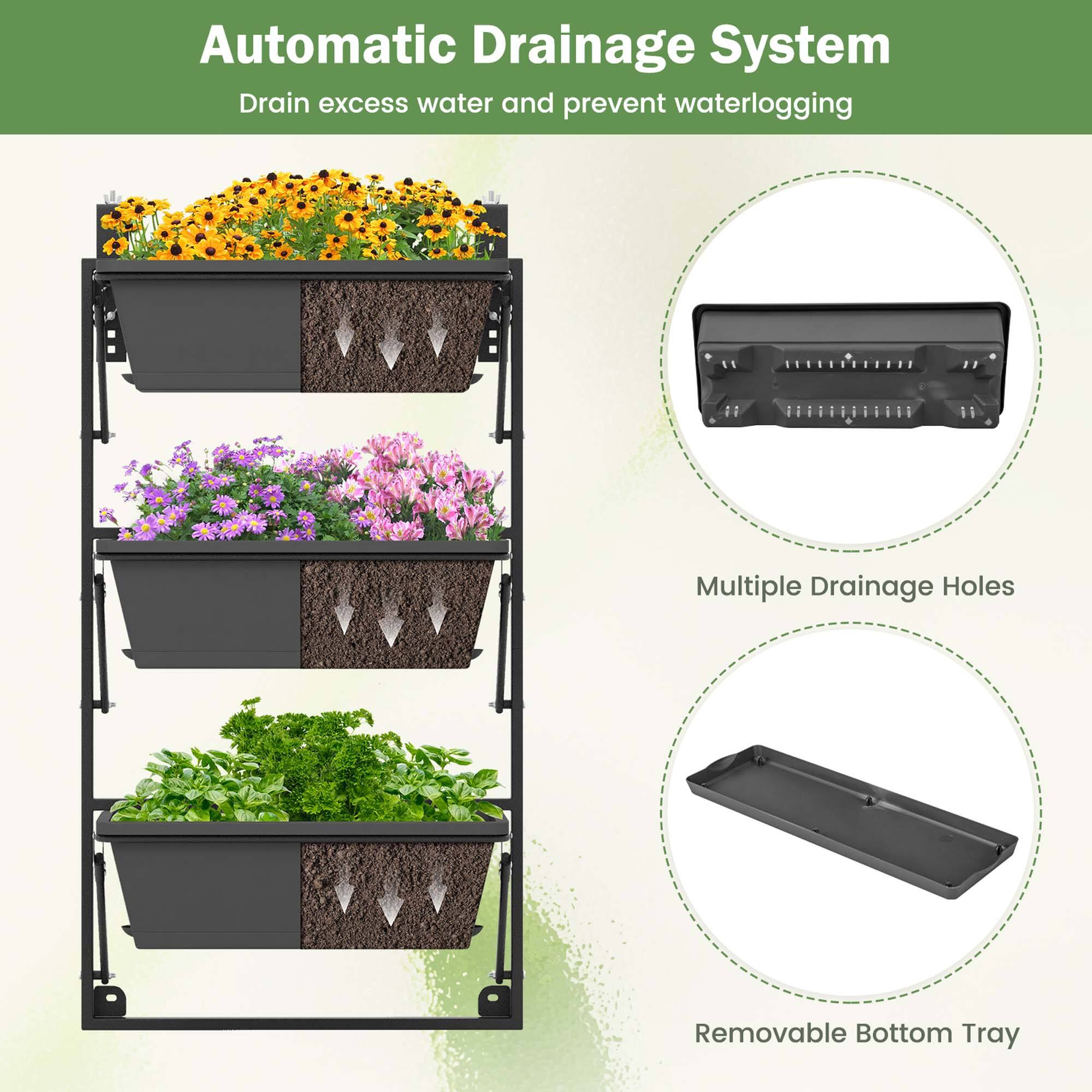 Automatic Drainage System: Drain excess water and prevent waterlogging. Multiple Drainage Holes. Removable Bottom Tray.
