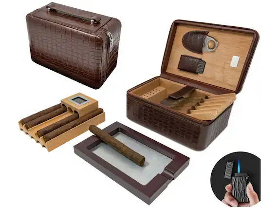 Front. Prestige - Manhattan XL Travel Humidor (Brown) - Brown Crocodile Pattern Leather.