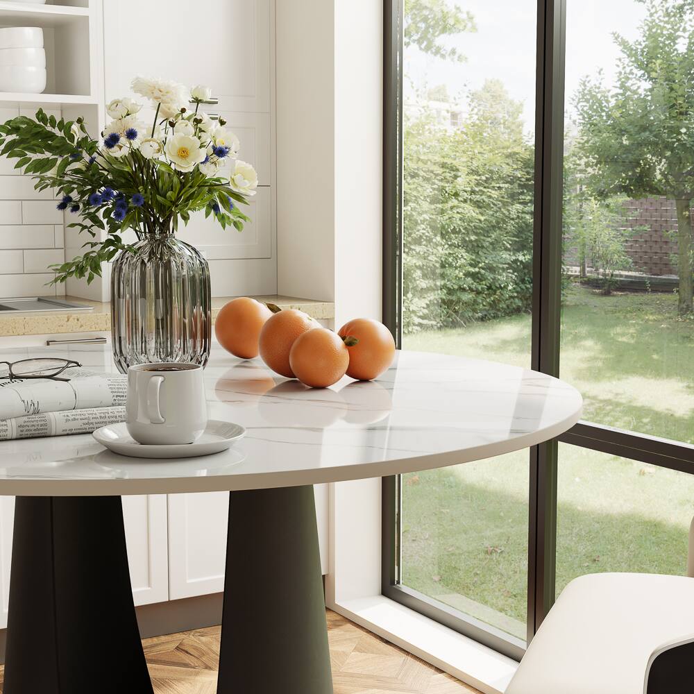 Back. POVISON - 35" Modern Round Counter Height Bar Table for 2-4 People, White Glossy Bistro Table for Kitchen & Small Spaces - White & Black.