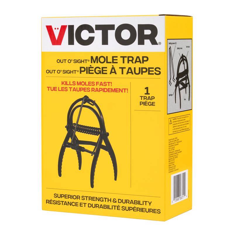 VICTOR  
OUT O' SIGHT MOLE TRAP  
OUT O' SIGHT PIÈGE À TAUPES  
KILLS MOLES FAST!  
TUE LES TAUPES RAPIDEMENT!  
1 TRAP PIEGE  
SUPERIOR STRENGTH & DURABILITY  
RÉSISTANCE ET DURABILITÉ SUPÉRIEURES