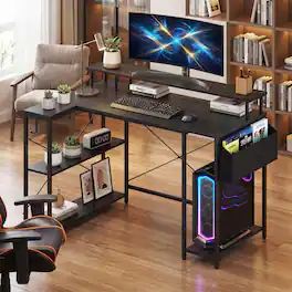 WELLFOR - 48" Computer Desk with LED Lights and Power Outlets, L Shape Desk Gaming Desk with Open Shelf for Home Office - Black