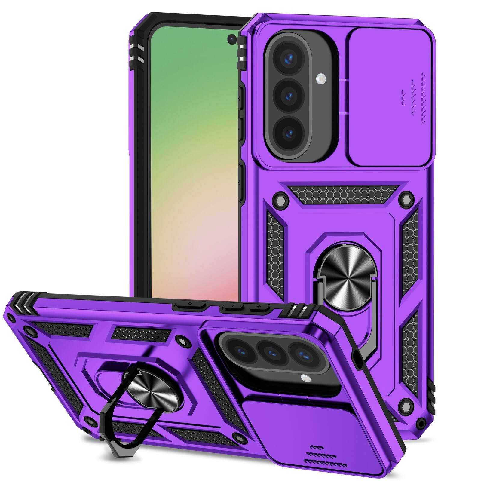 Left. UUCOVER - Rugged Protective Case for Samsung Galaxy A17 5G ,Shockproof TPU+PC Case Slide Camera Cover Ring Holder Stand Cover - Purple.