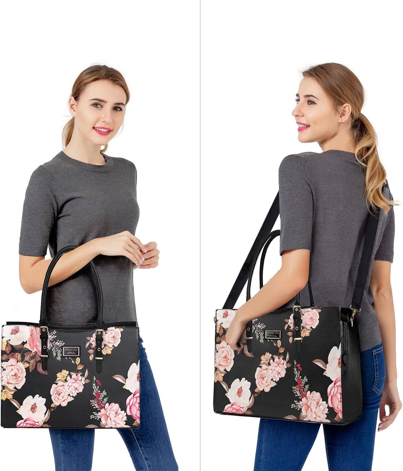 Alt View 2. mosiso - Laptop Bag for Women 15–16 Inch, Waterproof PU Leather Work Briefcase Tote Bag for MacBook Air 15/Pro 16 HP Dell Acer - Black.