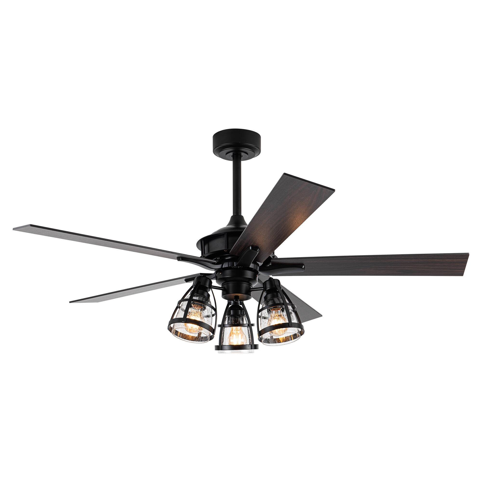 Parrot Uncle - 52" Industrial 3-Light Glass Ceiling Fan with Remote - Matte Black