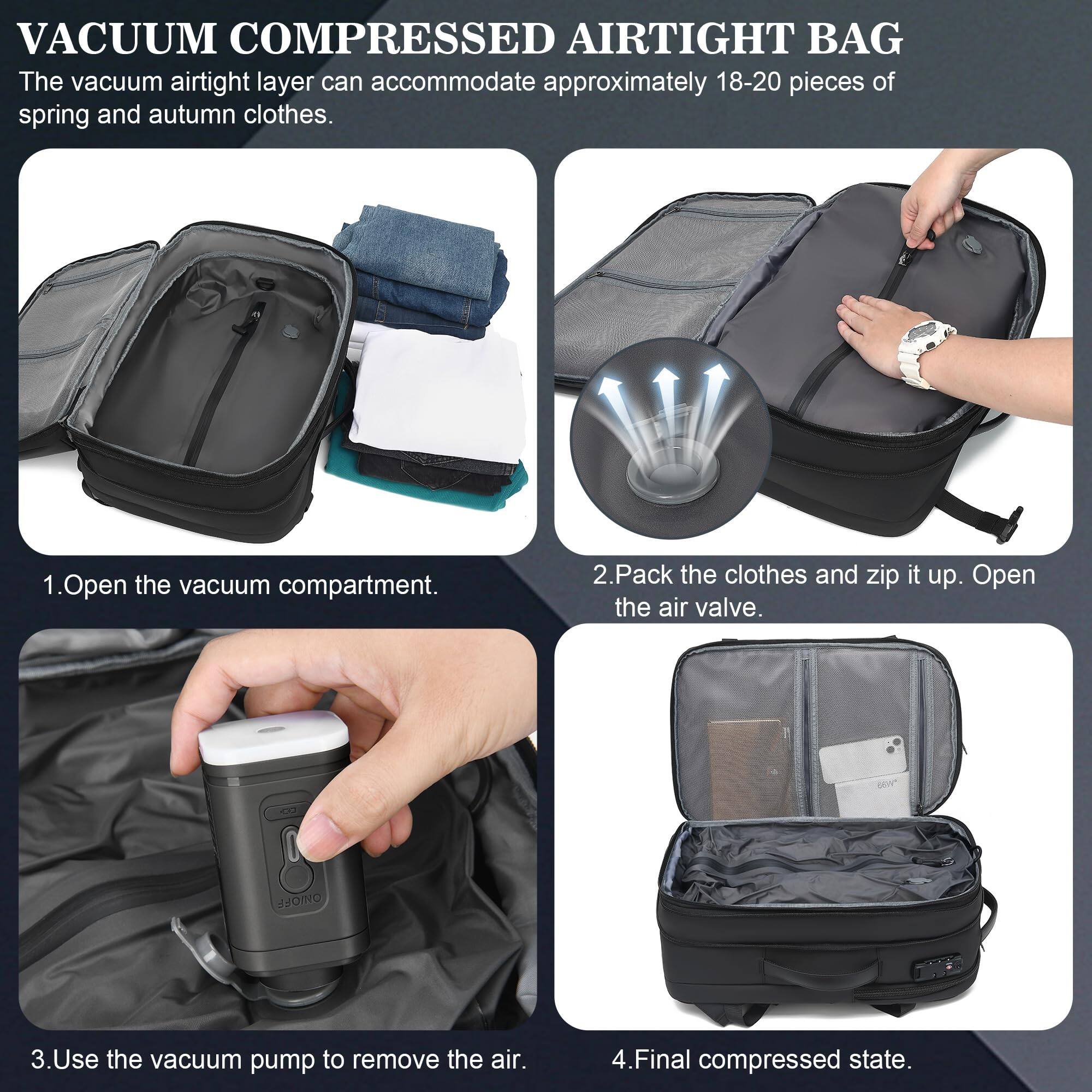 **VACUUM COMPRESSED AIRTIGHT BAG**

The vacuum airtight layer can accommodate approximately 18-20 pieces of spring and autumn clothes.

1. Open the vacuum compartment.
2. Pack the clothes and zip it up. Open the air valve.
3. Use the vacuum pump to remove the air.
4. Final compressed state.