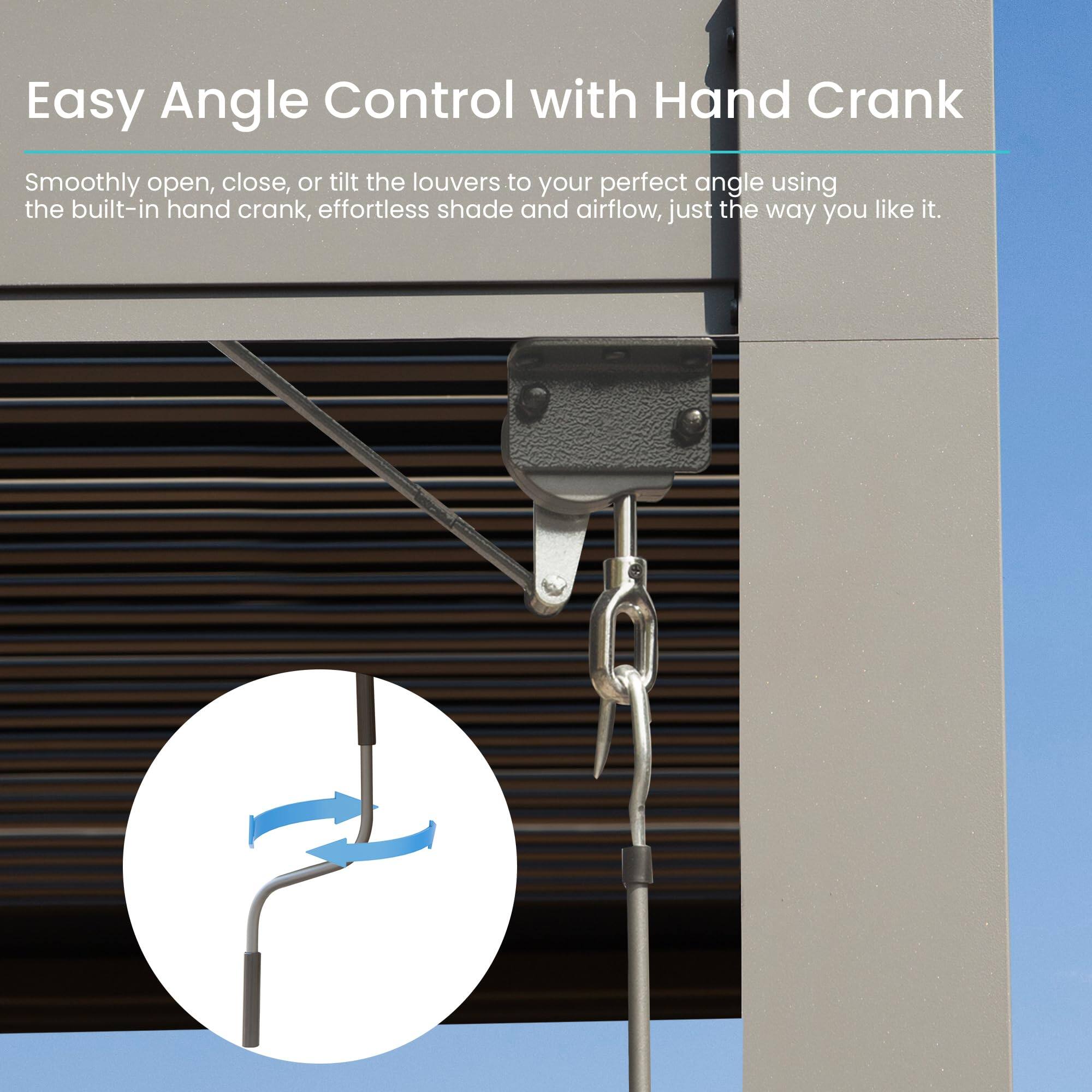 Easy Angle Control with Hand Crank

Smoothly open, close, or tilt the louvers to your perfect angle using the built-in hand crank, effortless shade and airflow, just the way you like it.