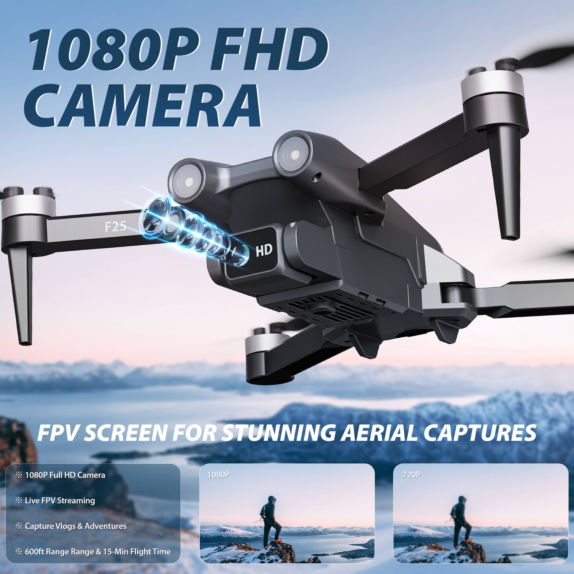 1080P FHD CAMERA F25 HD FPV SCREEN FOR STUNNING AERIAL CAPTURES 1080P Full HD Camera 1080P 720P Live FPV Streaming Capture Vlogs & Adventures 600ft Range & 15-Min Flight Time