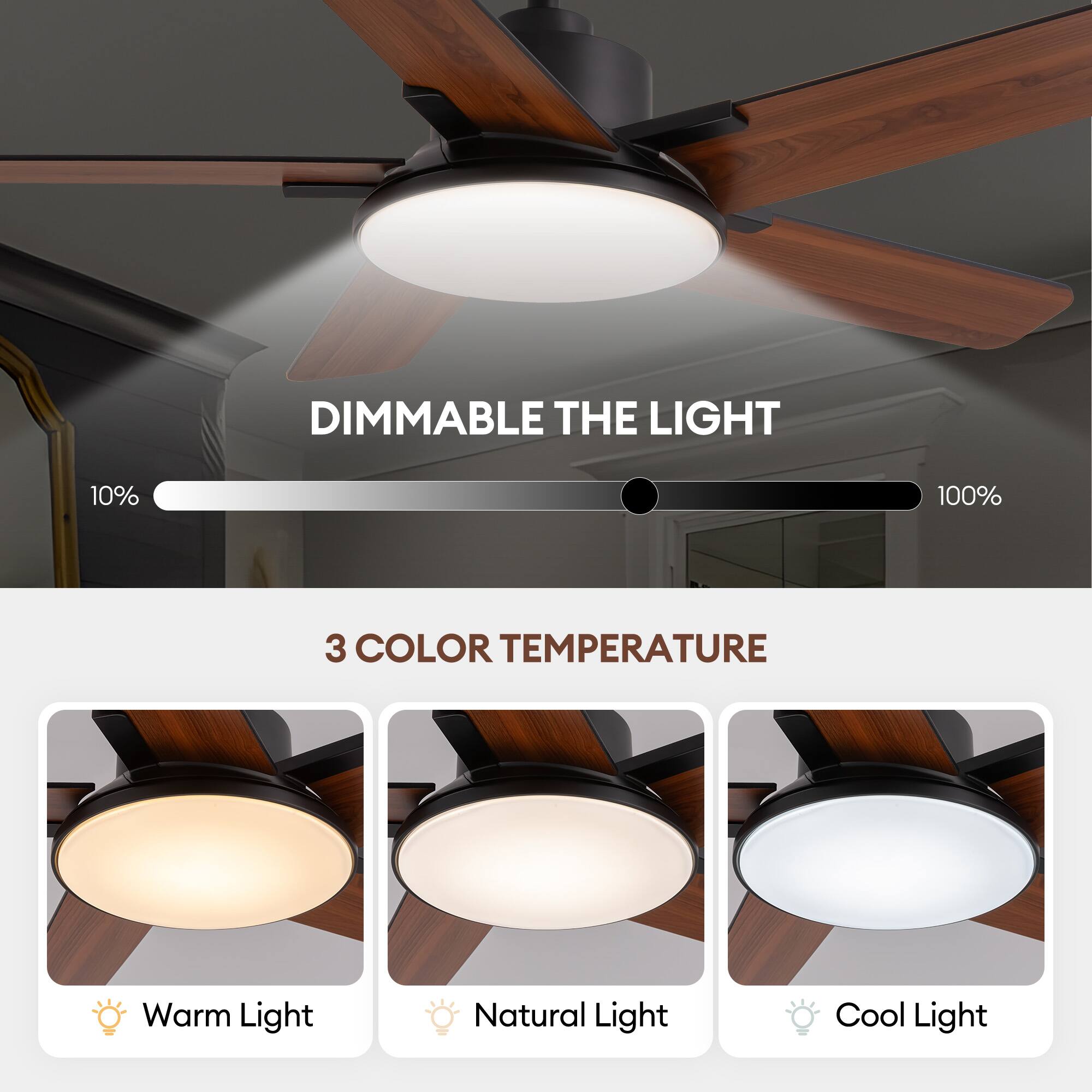 DIMMABLE THE LIGHT  
10% - 100%  

3 COLOR TEMPERATURE  
Warm Light  
Natural Light  
Cool Light