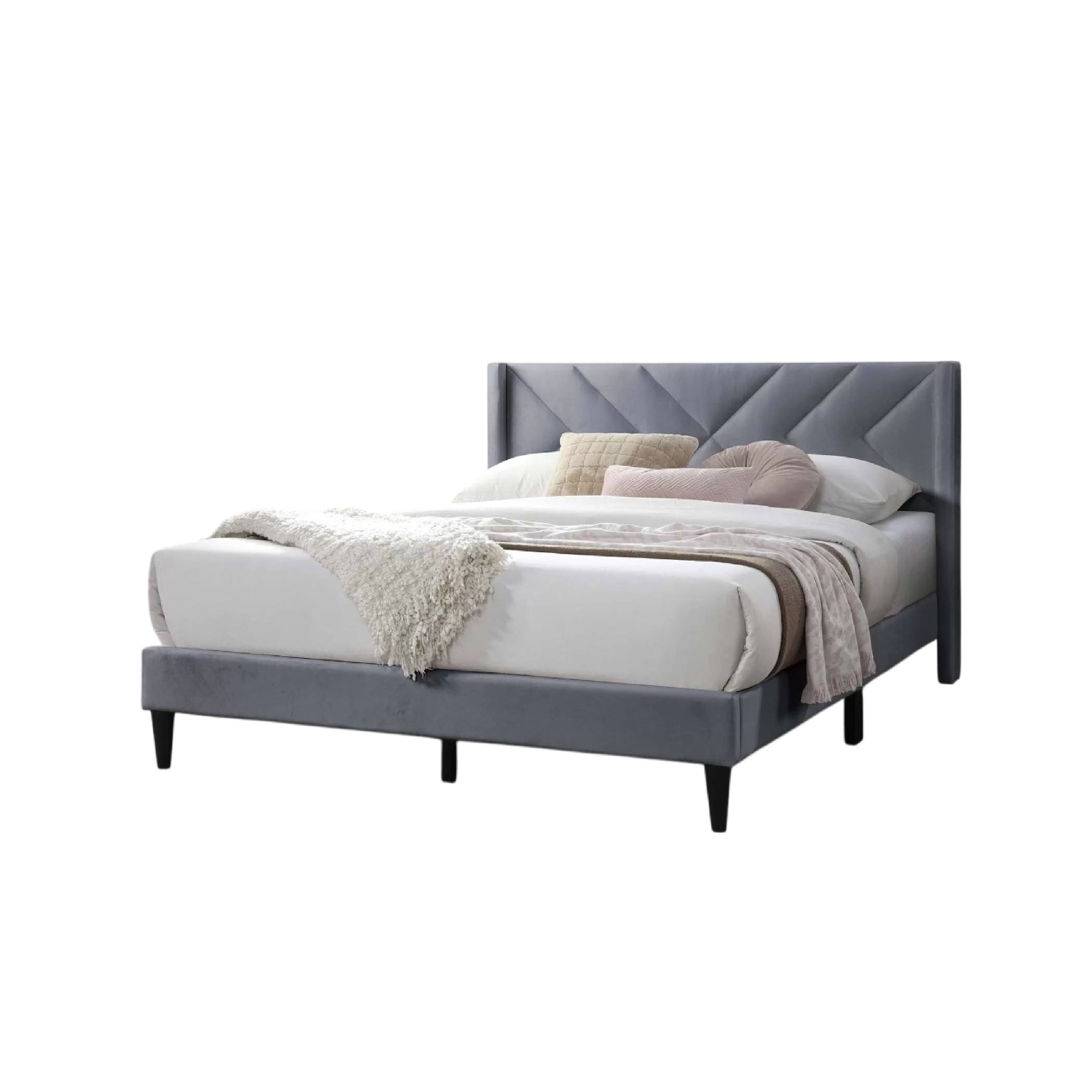 Left. Manhattan Lane - Niasa Full Size Bed, Chevron Tufted Gray Velvet Upholstered Foam - Gray, Black.