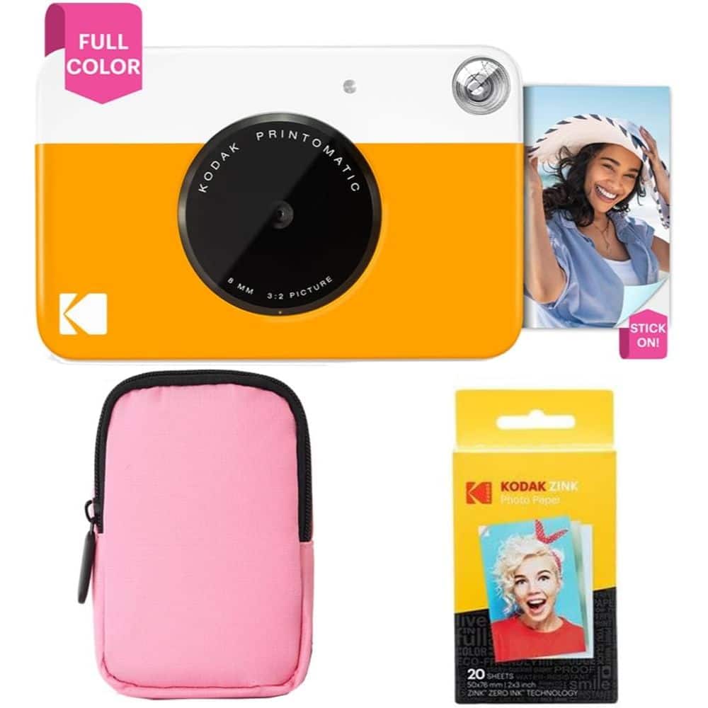 Kodak - Printomatic Instant Print Camera Bundle with Pink Case & 20-Pack Zink Photo Paper - Yellow