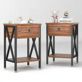 Vecelo - Set of 2 Nightstand with Drawer - Bedside Table with Storage Shelf, Compact End Table for Bedroom, MDF Wood Nightstand - Brown