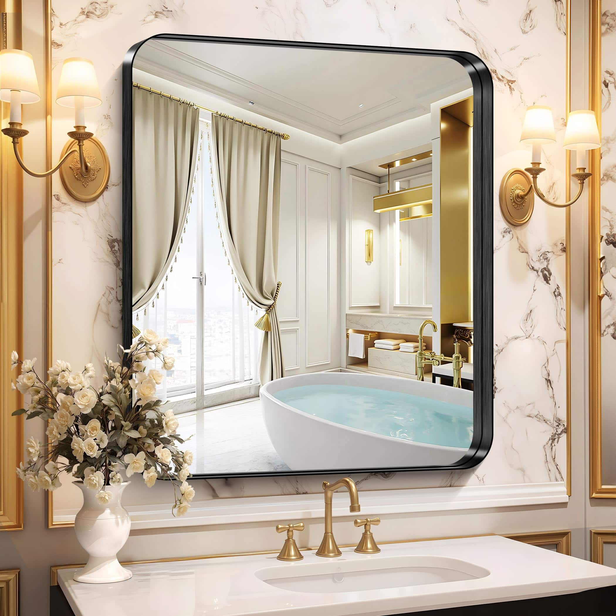 Earthley Blooms - Bathroom Mirror 30"x36" Rectangular With Deep Metal Frame Brushed Finish Tempered Glass For Wall Oversink - Rounded Corner Black-60"L x 30"W