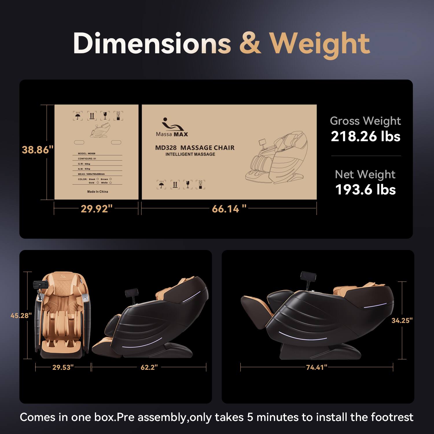 Dimensions & Weight

- Height: 38.86"
- Width: 66.14"
- Depth: 29.92"
- Seat Width: 45.28"
- Seat Depth: 29.53"
- Footrest Width: 62.2"
- Overall Length: 74.41"
- Footrest Height: 34.25"

Gross Weight: 218.26 lbs  
Net Weight: 193.6 lbs

Comes in one box. Pre-assembly, only takes 5 minutes to install the footrest

Made in China