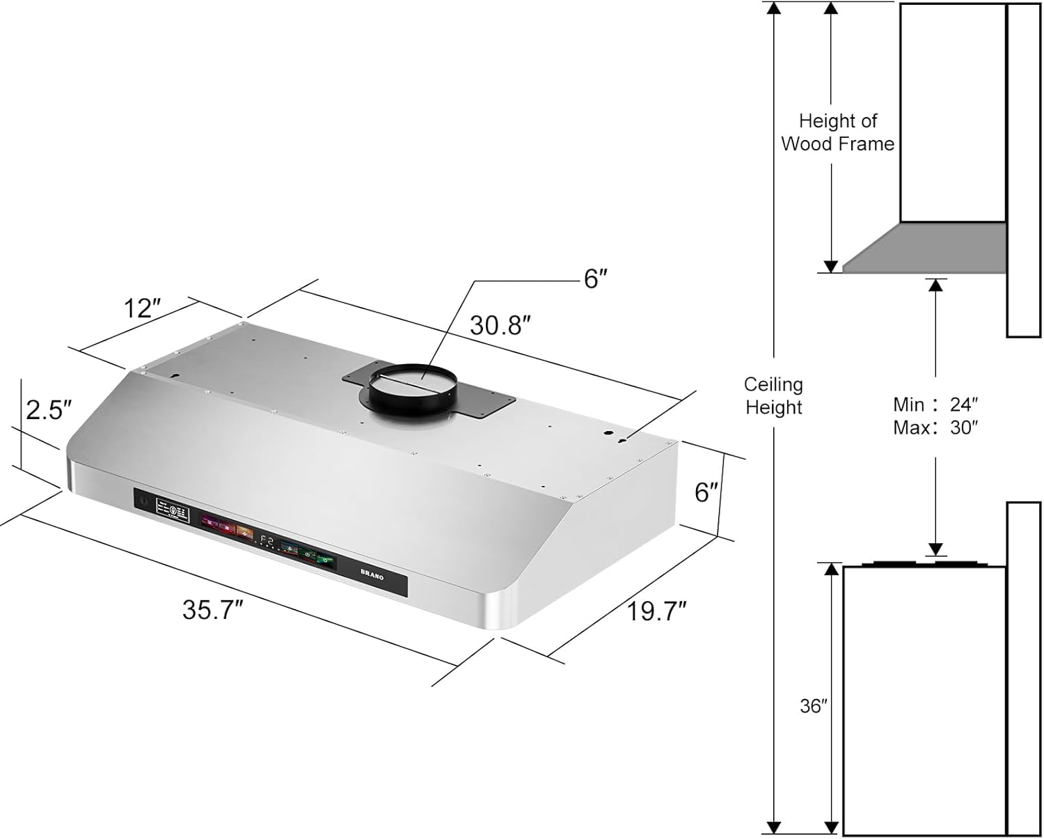 Height of Wood Frame: 12" 30.8" 6" 2.5"  
Ceiling Height: Min: 24" Max: 30" 6" 35.7"  
SRARD: 19.7" 36"