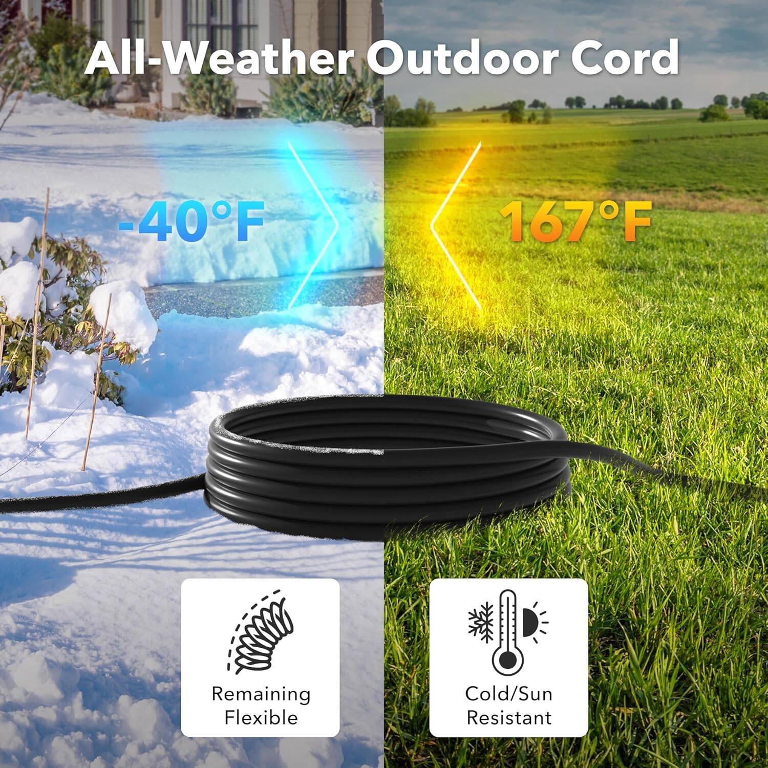 All-Weather Outdoor Cord

-40°F

167°F

Remaining Flexible

Cold/Sun Resistant