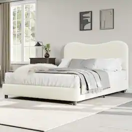 Qeetex - Full Size Platform Bed Frame, Metal Frame, Sherpa Upholstered, No Box Spring, Beige/White - Beige White Full
