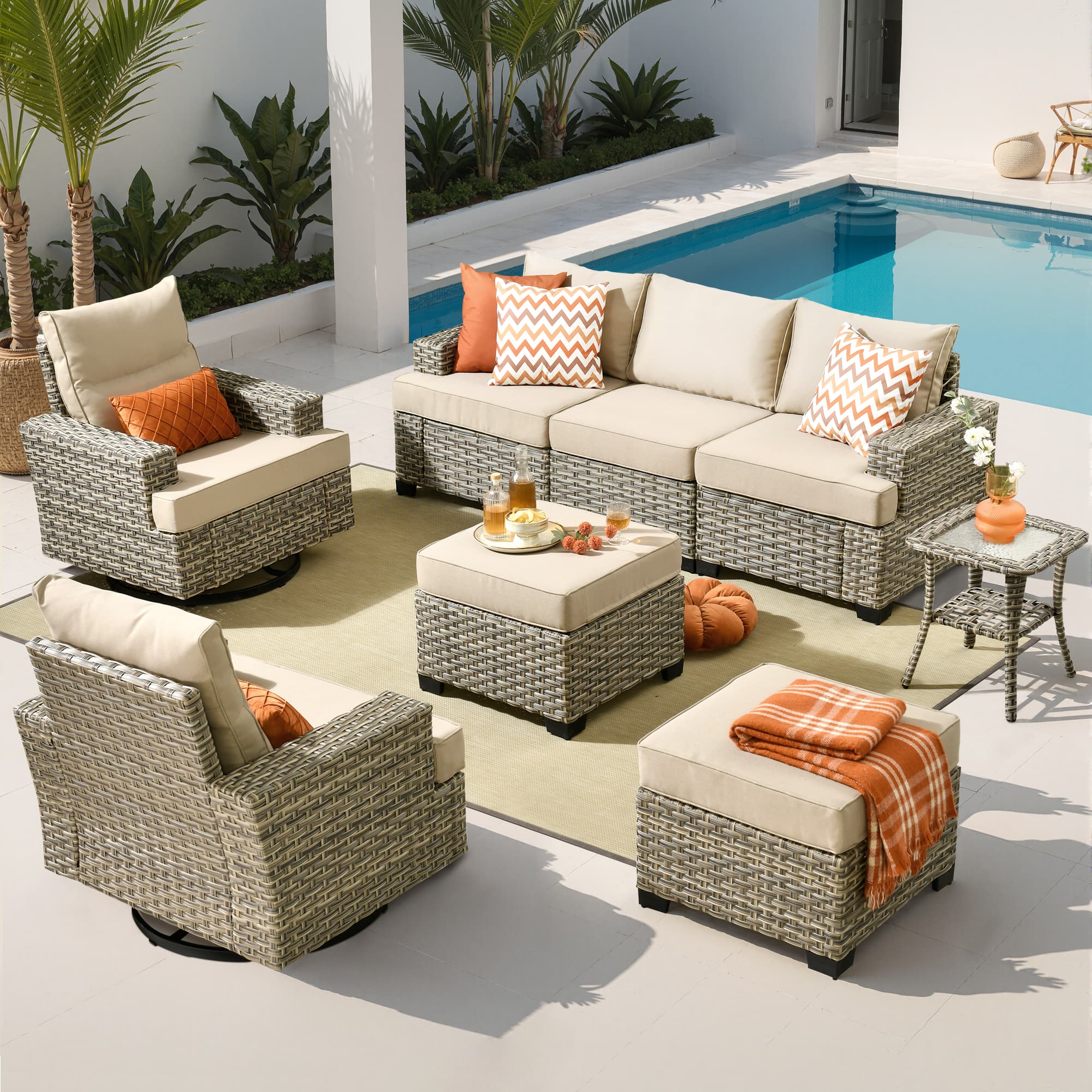 Ovios - 8 PCS Patio Furniture Set, Sectional Sofa with Swivel Chairs, Side Table & Ottoman for Porch - Beige
