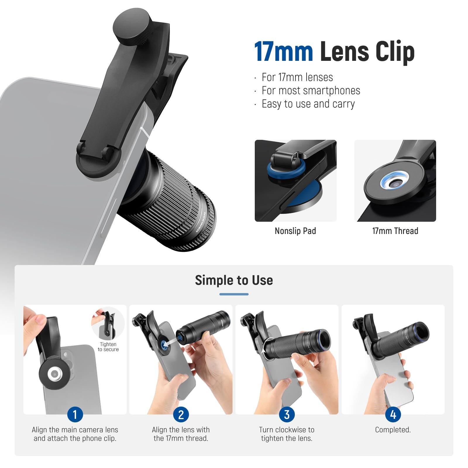 Neewer 7X Telephoto Lens for Phone, 17mm Thread Clip, 15 Elements