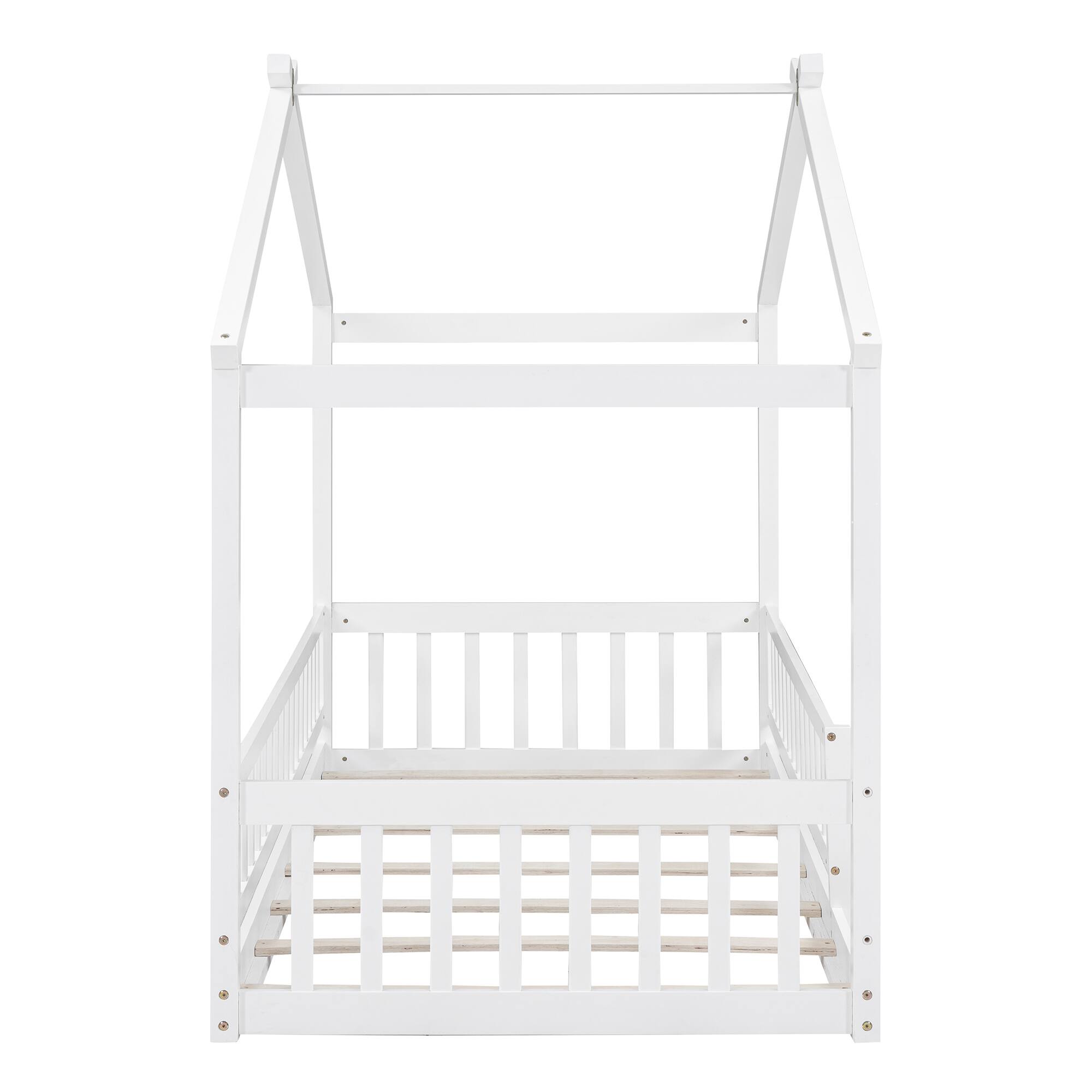 Left. Whisen - Twin Size Wood House Bed Frame with Fence for Kids and Teens - White.