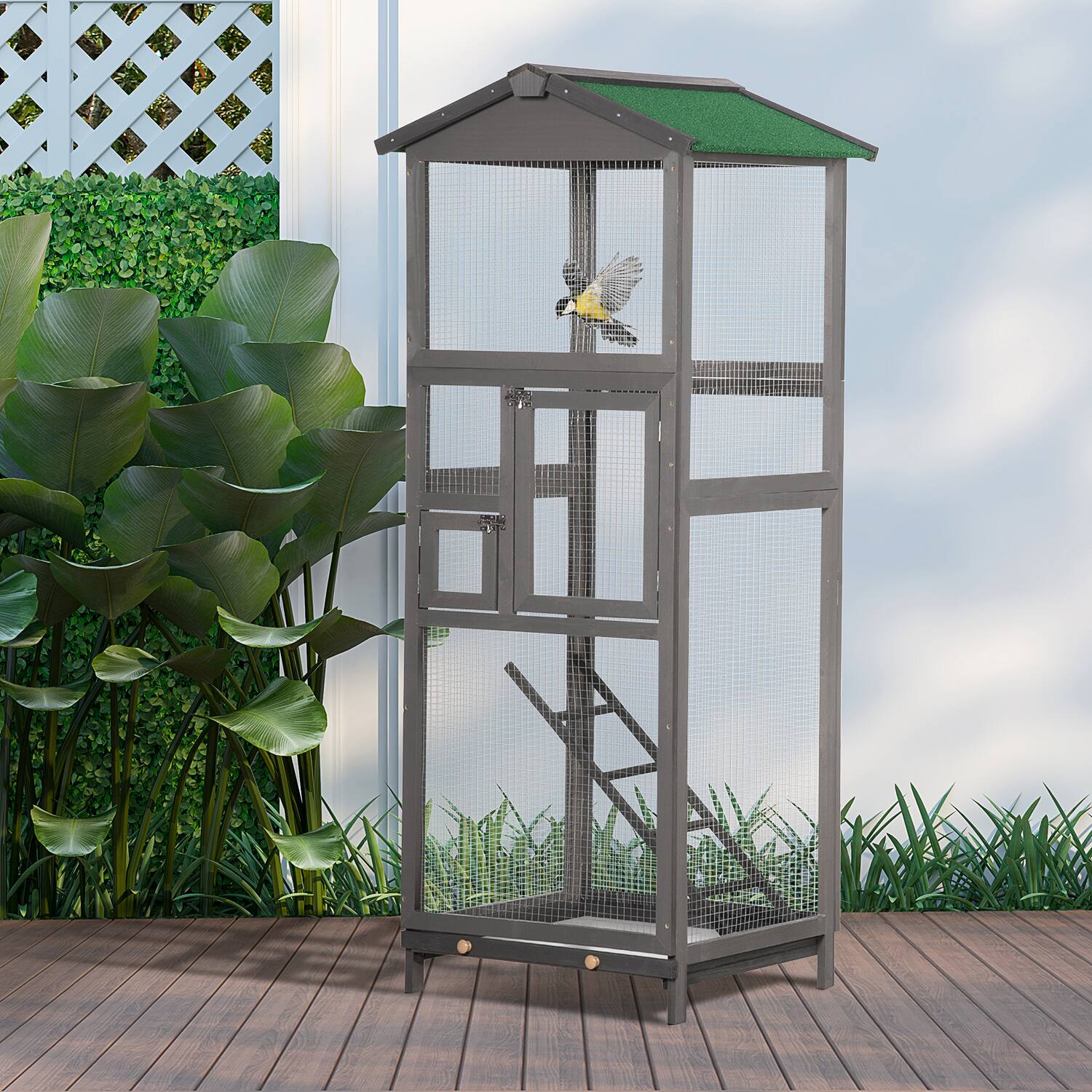 Angle. Pawhut - 65" Wooden Bird Cage Outdoor Aviary House for Parrot, Parakeet, with Pull Out Tray and 2 Doors.