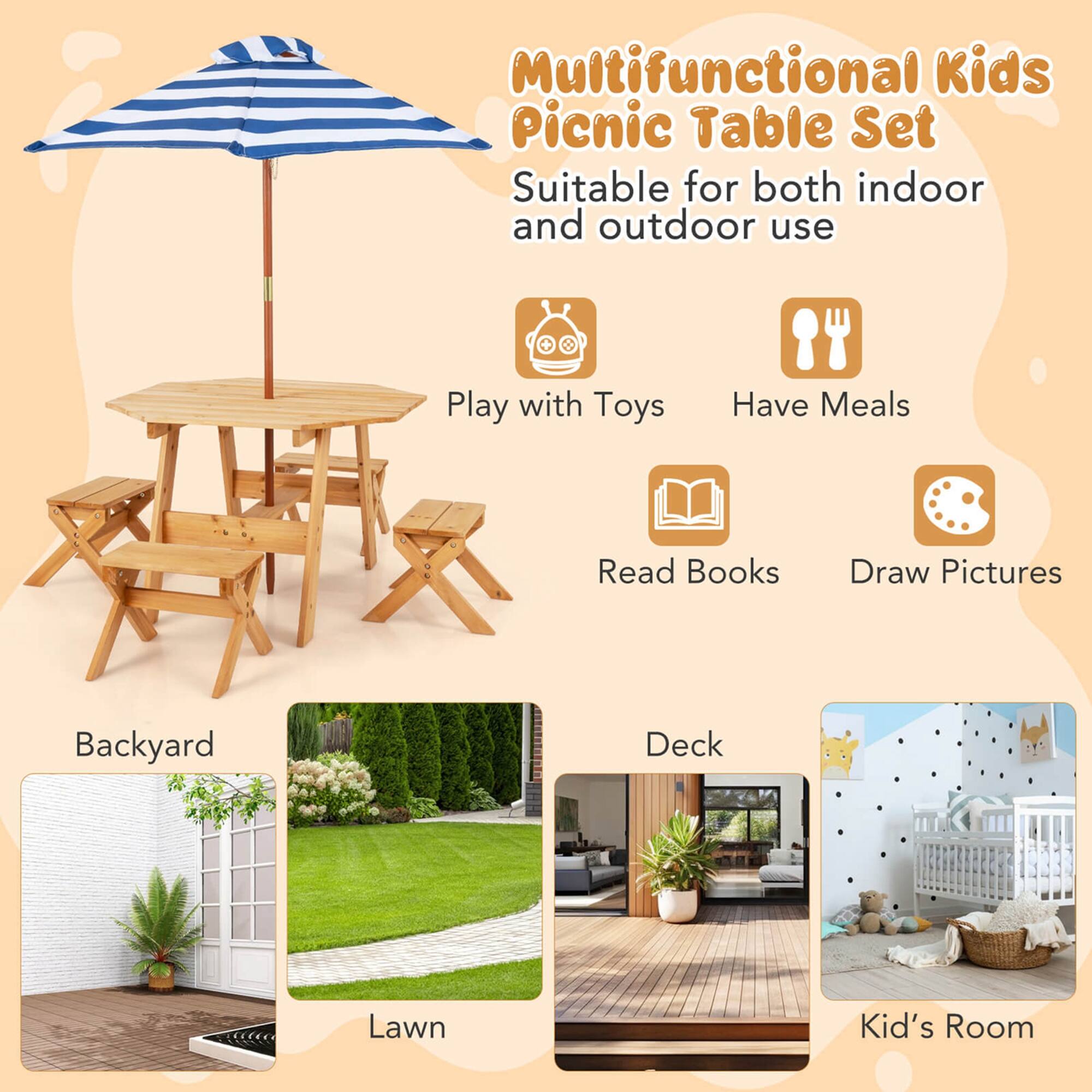 Multifunctional Kids Picnic Table Set  
Suitable for both indoor and outdoor use  

- Play with Toys  
- Have Meals  
- Read Books  
- Draw Pictures  

Backyard  
Lawn  
Deck  
Kid's Room